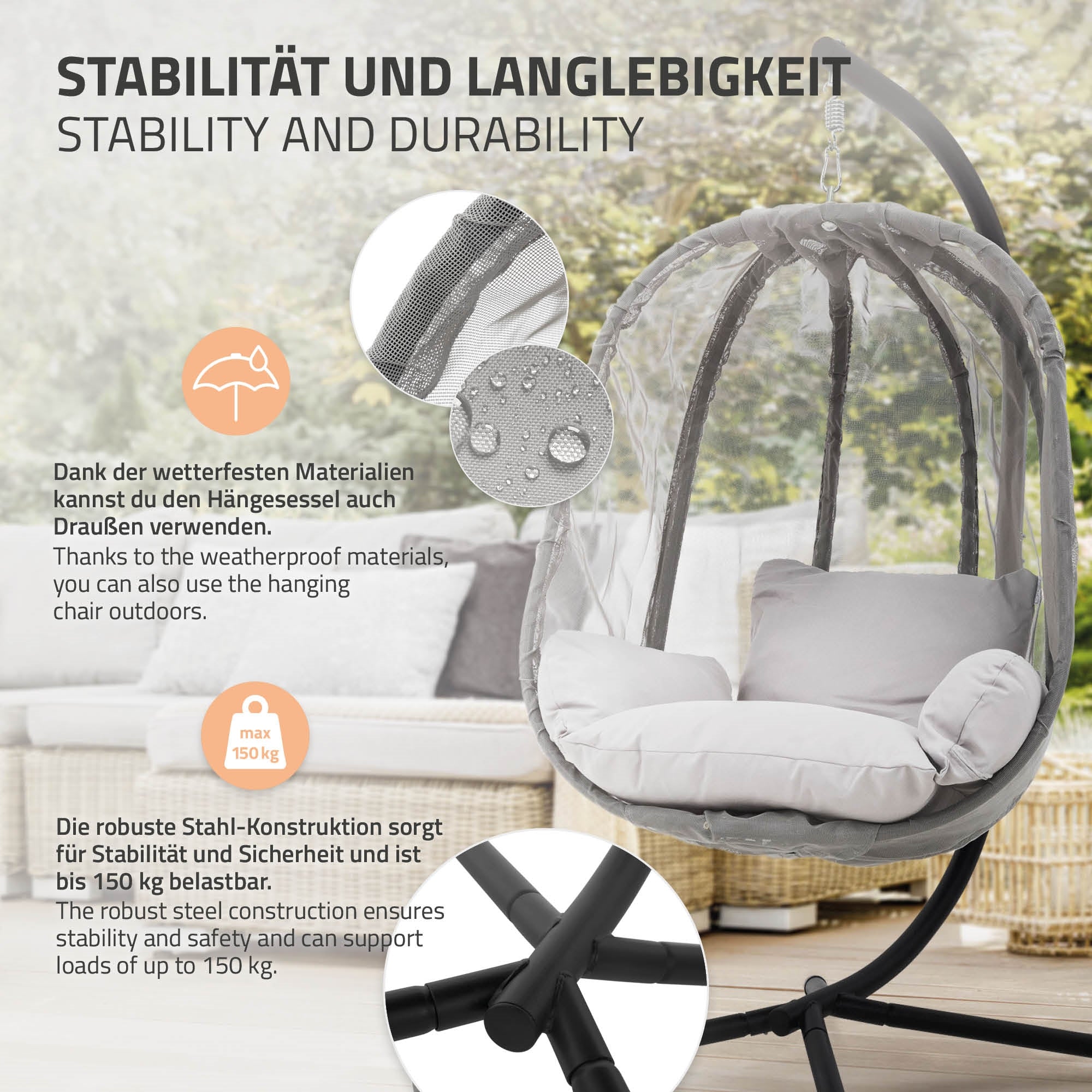 Hängesessel mit stabiler Konstruktion, wetterfest und für bis zu 150 kg geeignet.