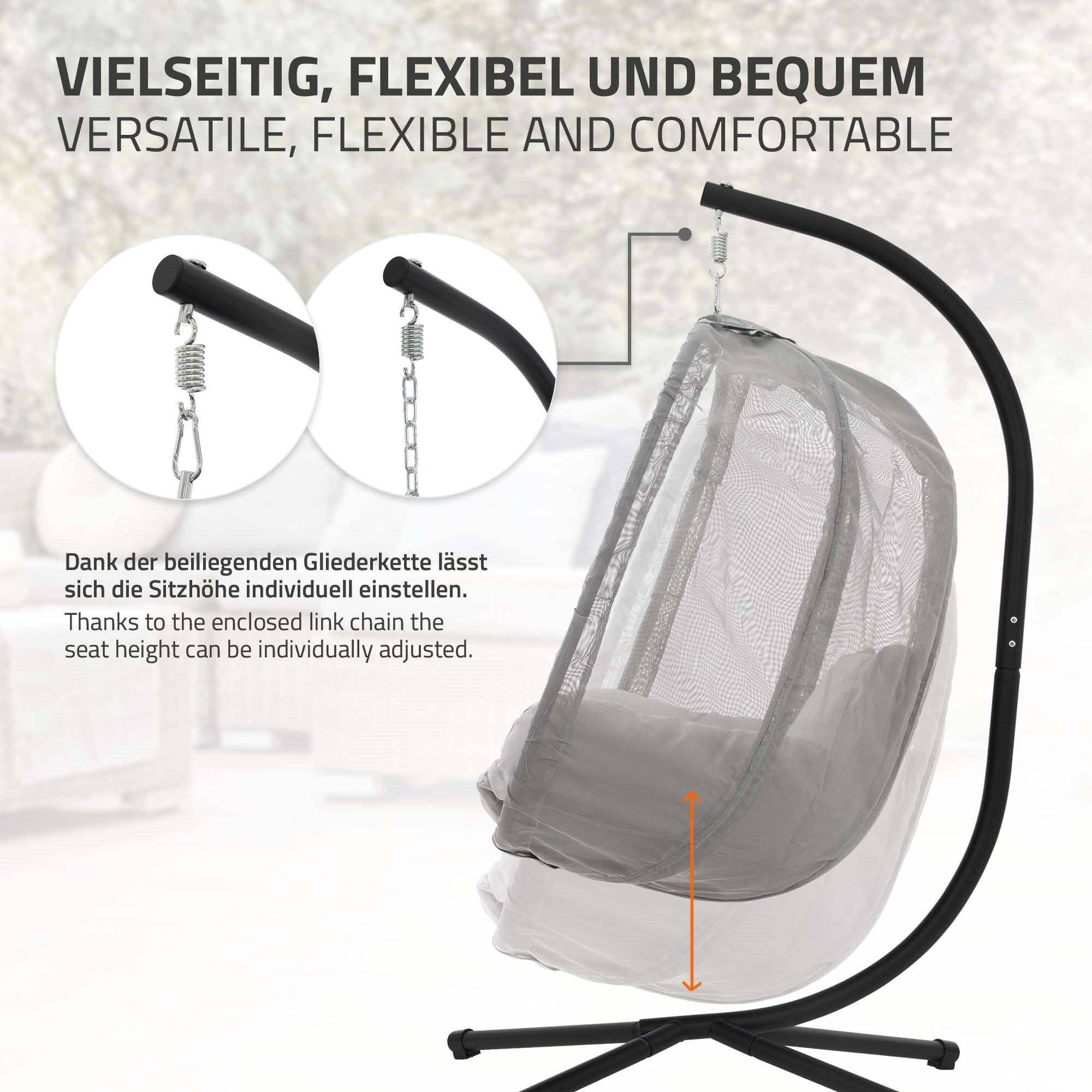 Hängesessel mit verstellbarer Kette und schwarzem Gestell.