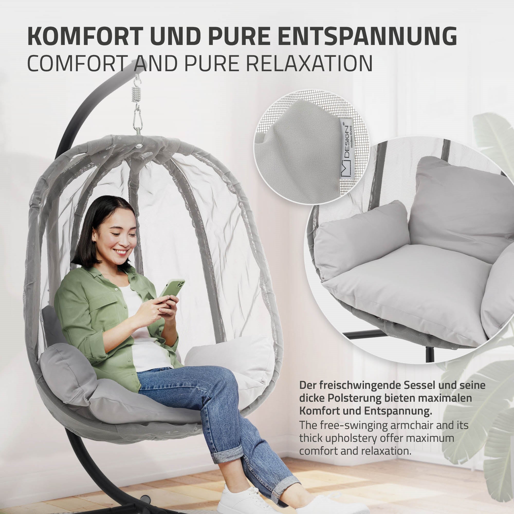 Frau sitzt in einem hängenden Sessel und nutzt ihr Smartphone.