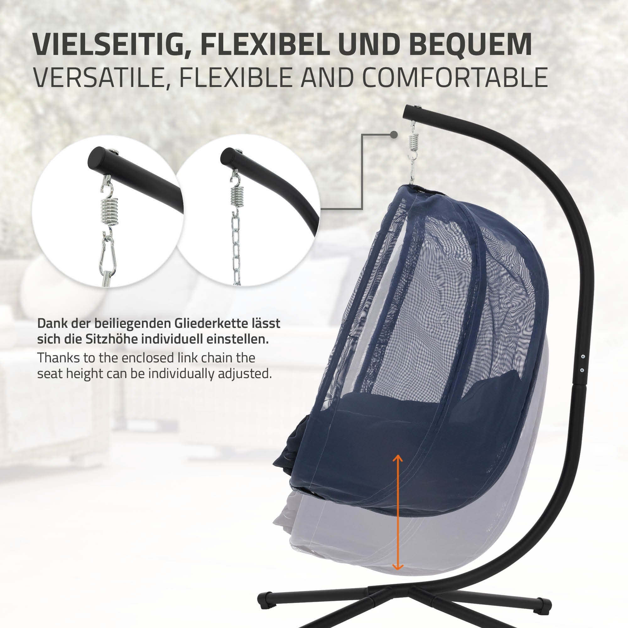 Hängesessel mit verstellbarer Sitzhöhe und stabiler Halterung.