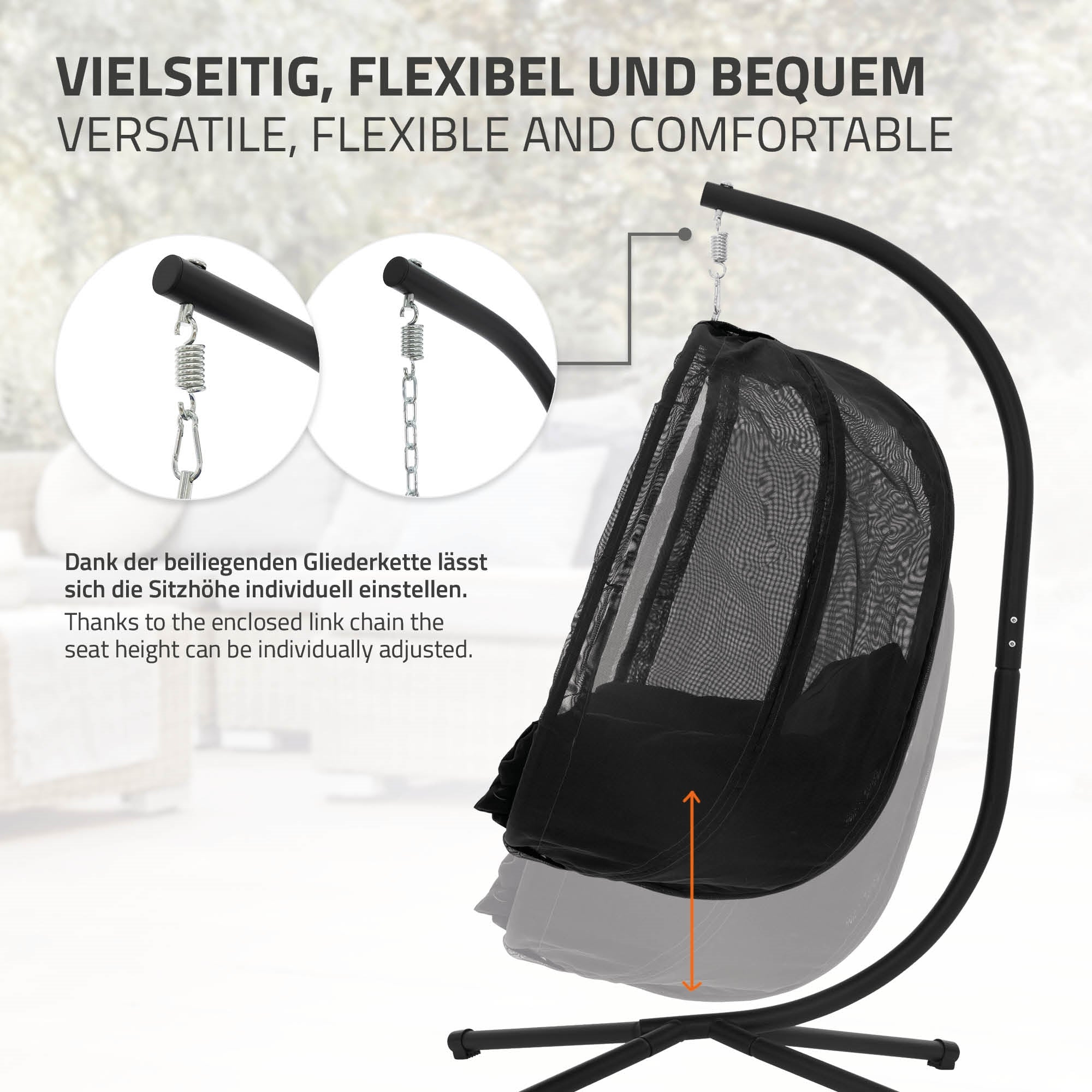 Hängesessel mit verstellbarer Kette und stabiler Halterung.