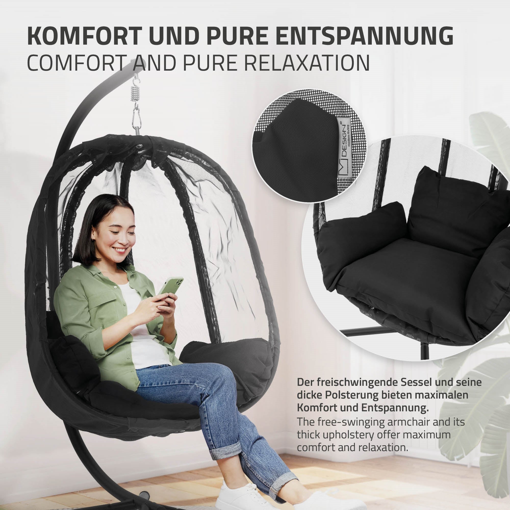 Frau sitzt in einem schwingenden Sessel und nutzt ein Smartphone.