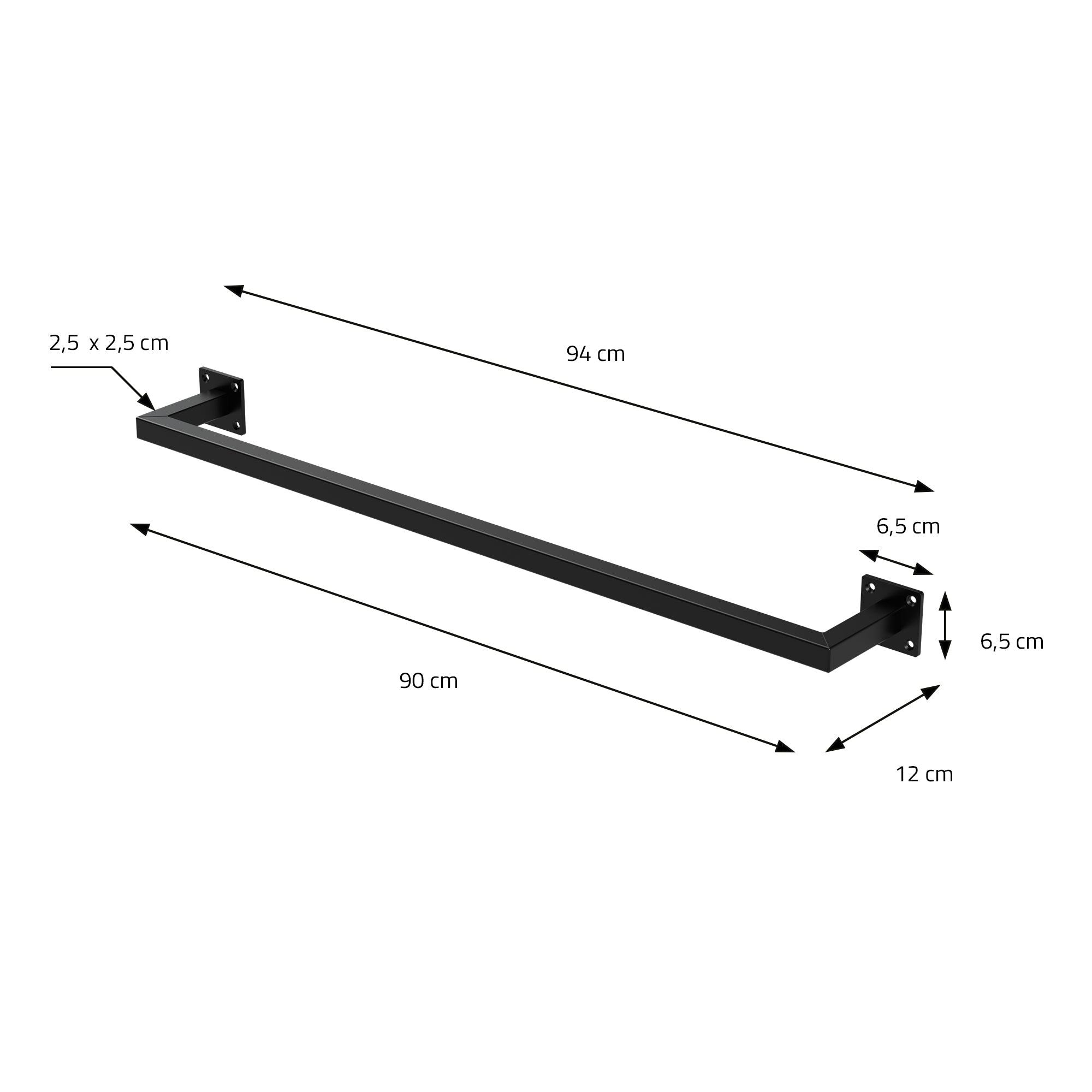 Målangivelse af en sort stang, 90 cm lang, 12 cm høj.