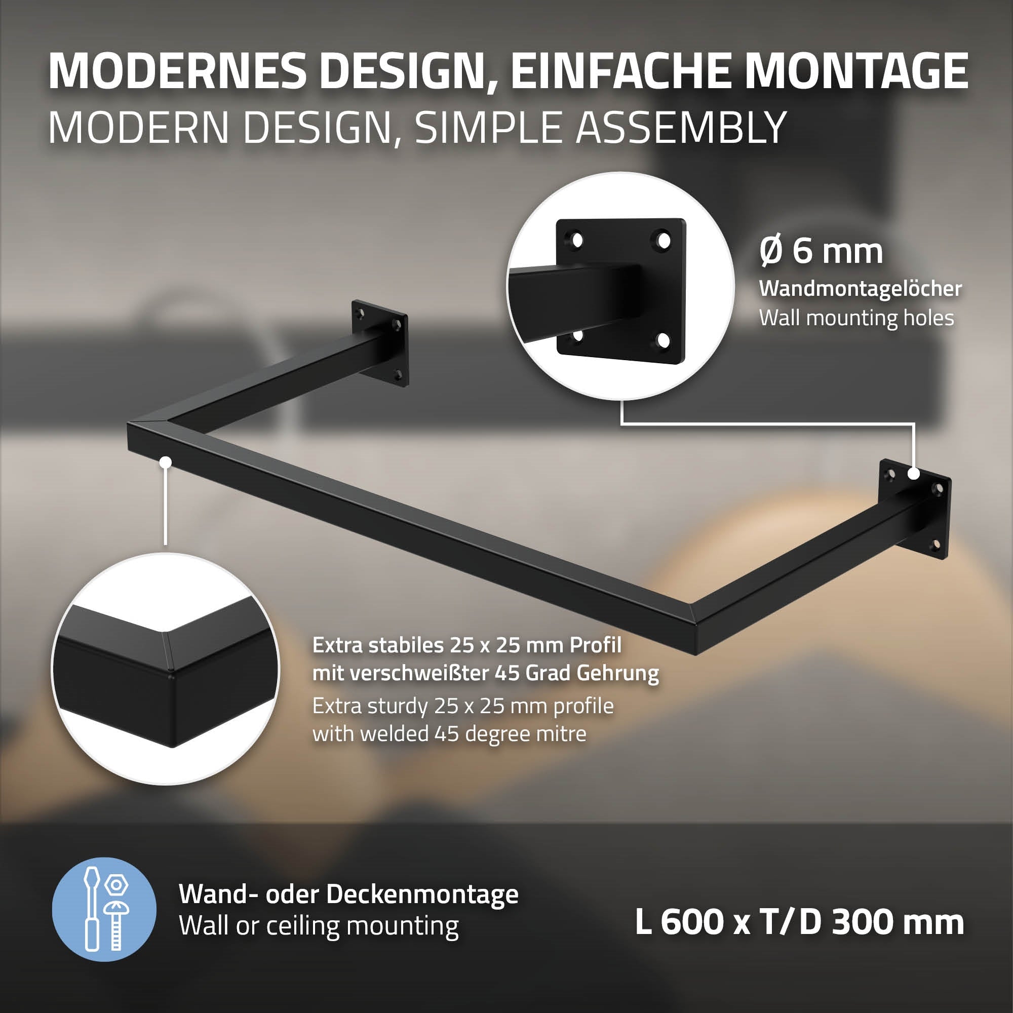 Black wall bracket with installation instructions and measurements.