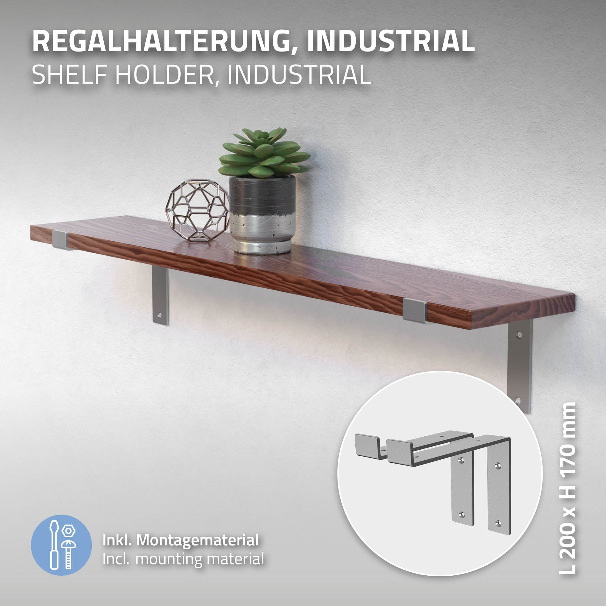 Support de rayonnage industriel avec étagère en bois et plante.