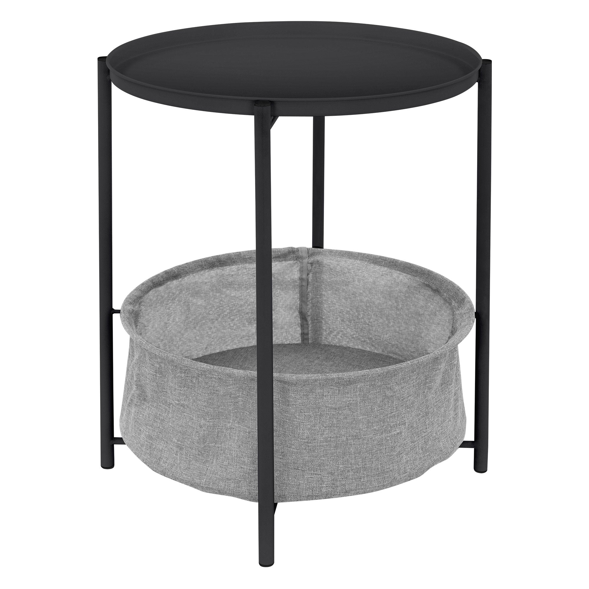 Et rundt sidebord med en sort bordplade og en grå stofkurv.