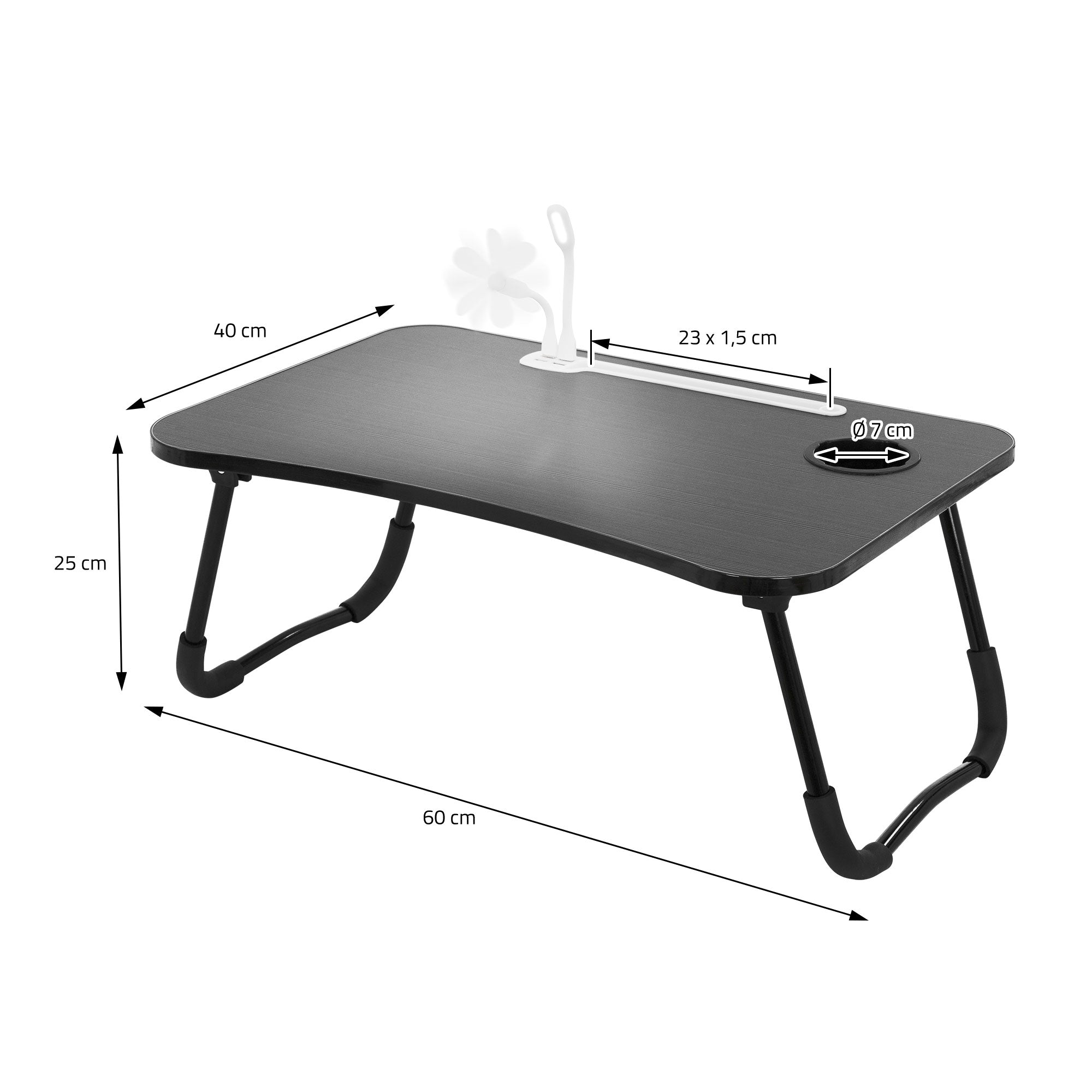 Disegno delle misure di un tavolo nero con larghezza di 60 cm e altezza di 25 cm.