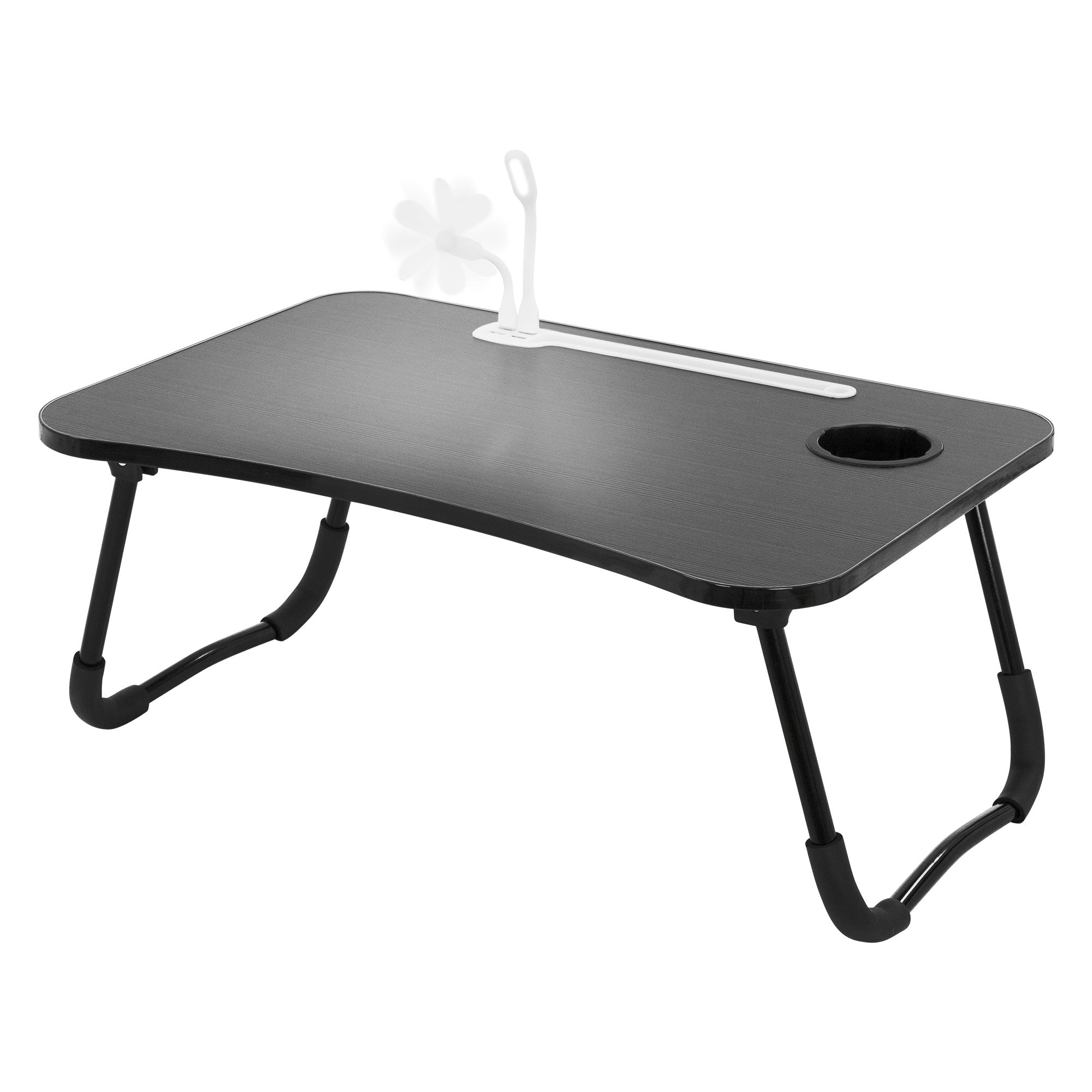 Tavolo nero con un fiore e un portabevande.