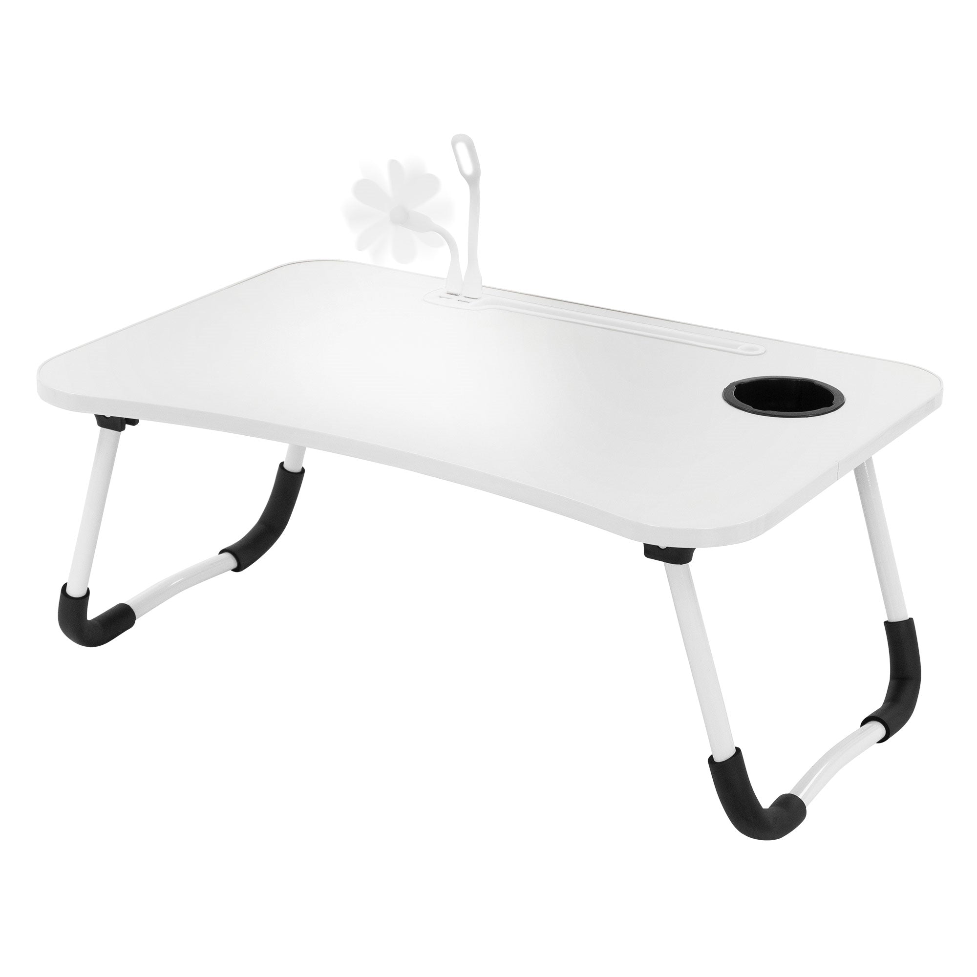 Tavolo bianco con un fiore e un portabevande.