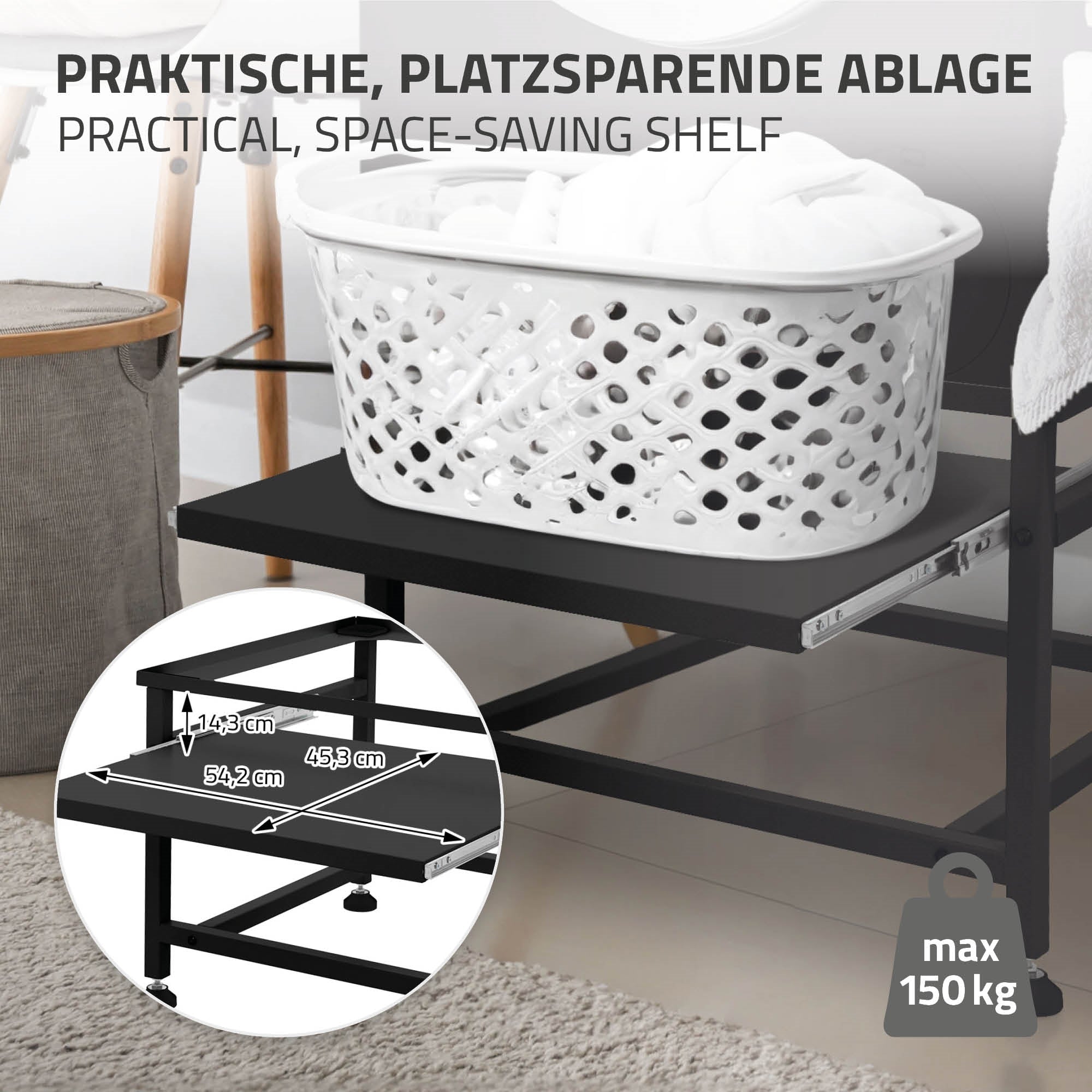 Platzsparendes Regal mit Wäschekorb, Maßangaben und max. Tragkraft.