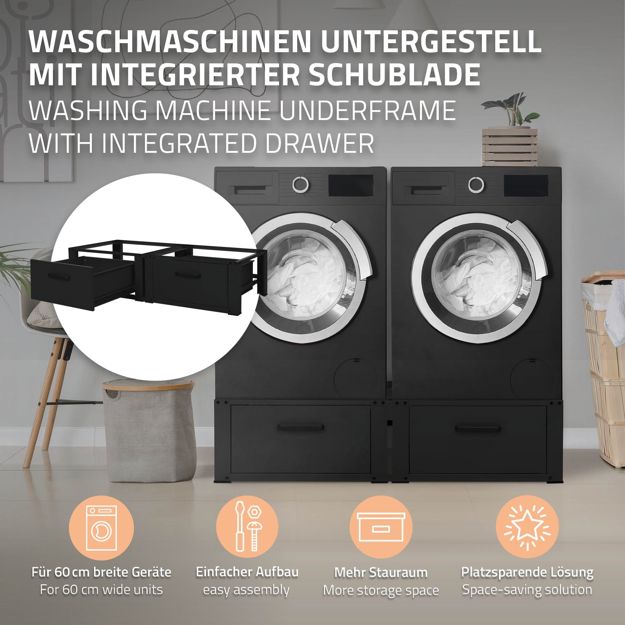 Washing machine stand with integrated drawer for additional storage.