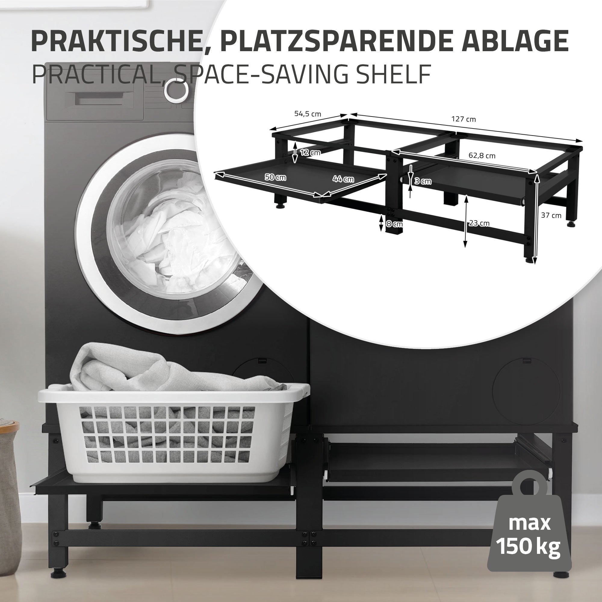 Regal über einer Waschmaschine mit Wäschekorb und Maßangaben.