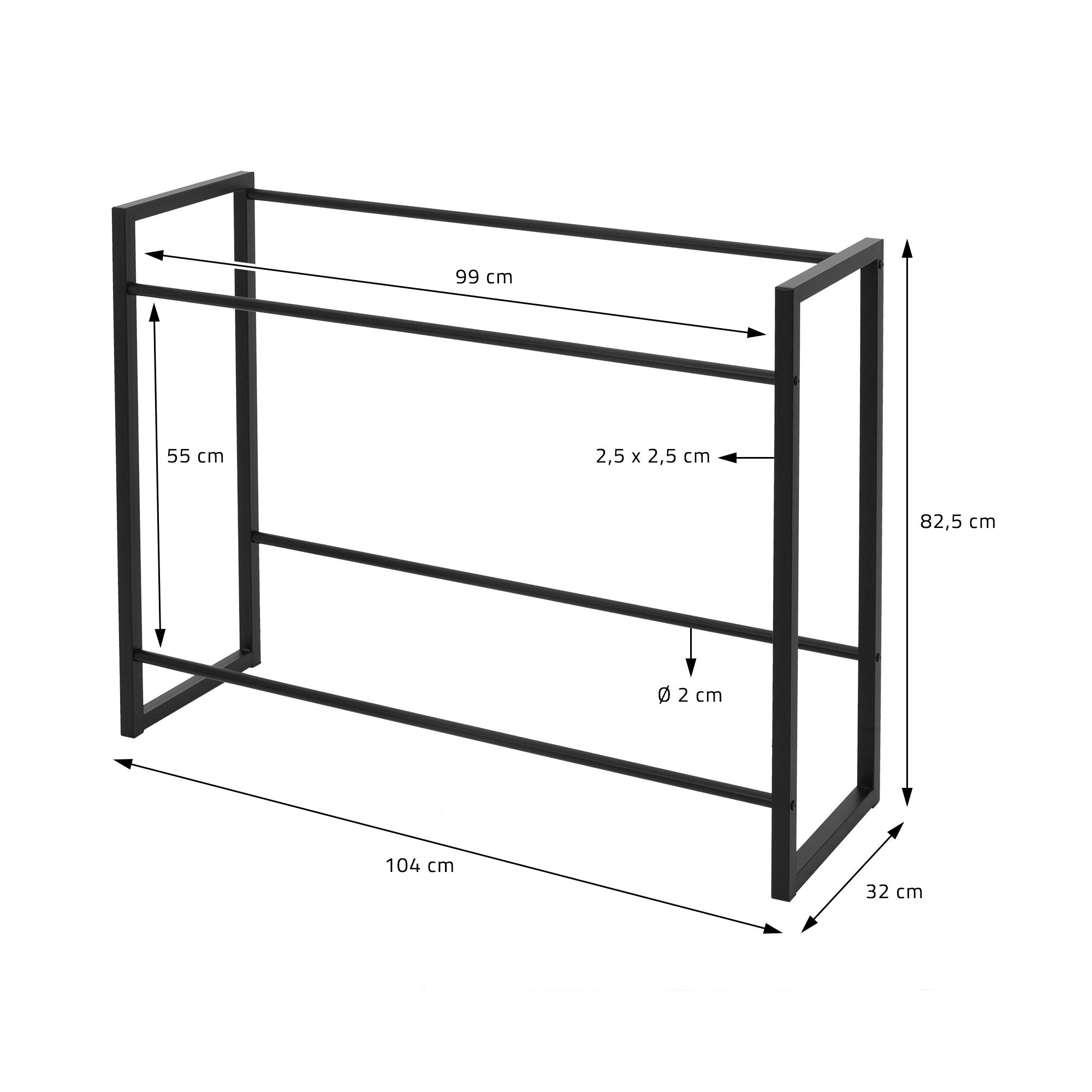 Disegno di una struttura nera con dimensioni in cm.
