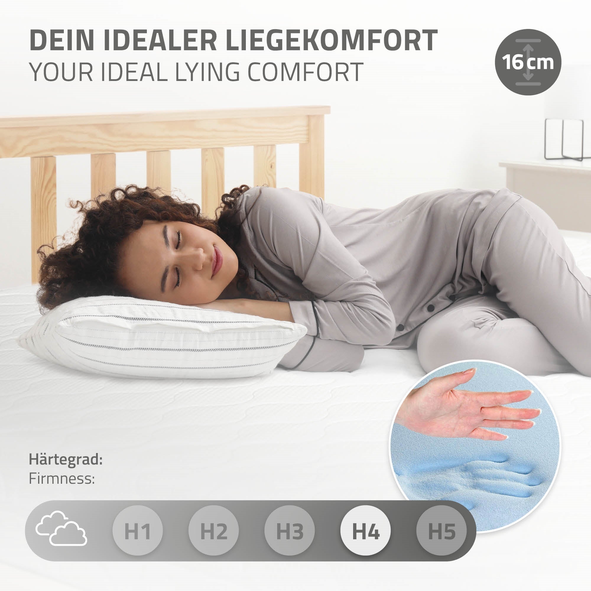 Eine schlafende Person auf einer Matratze mit einem Kissen und einem Diagramm für Liegekomfort.