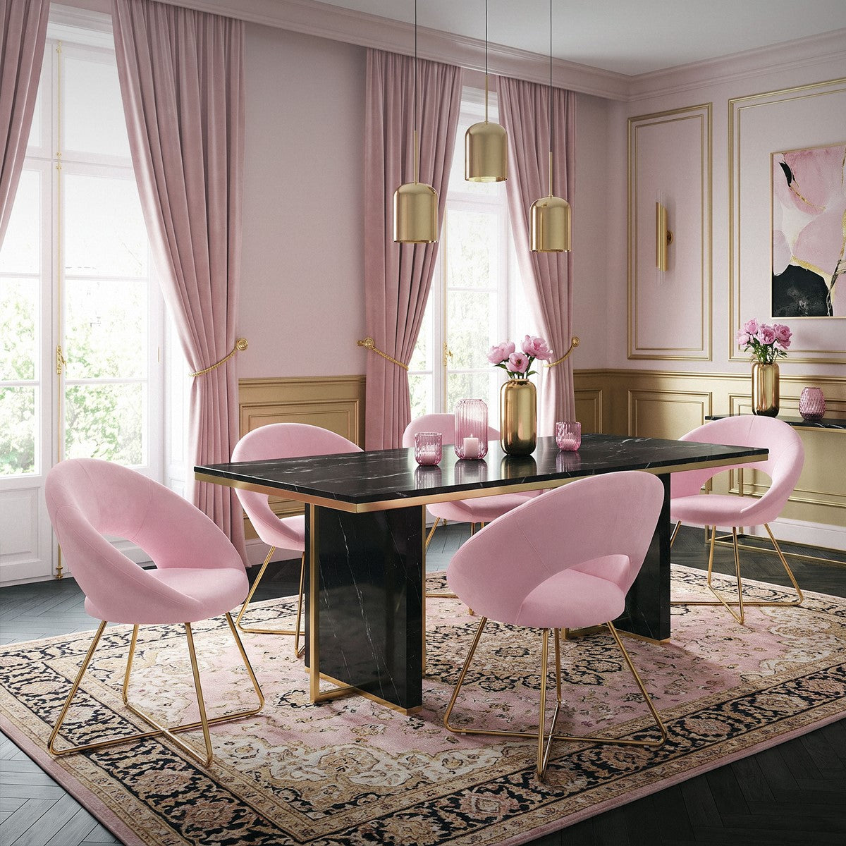 Ein eleganter Essbereich mit rosa Stühlen und einem schwarzen Tisch.