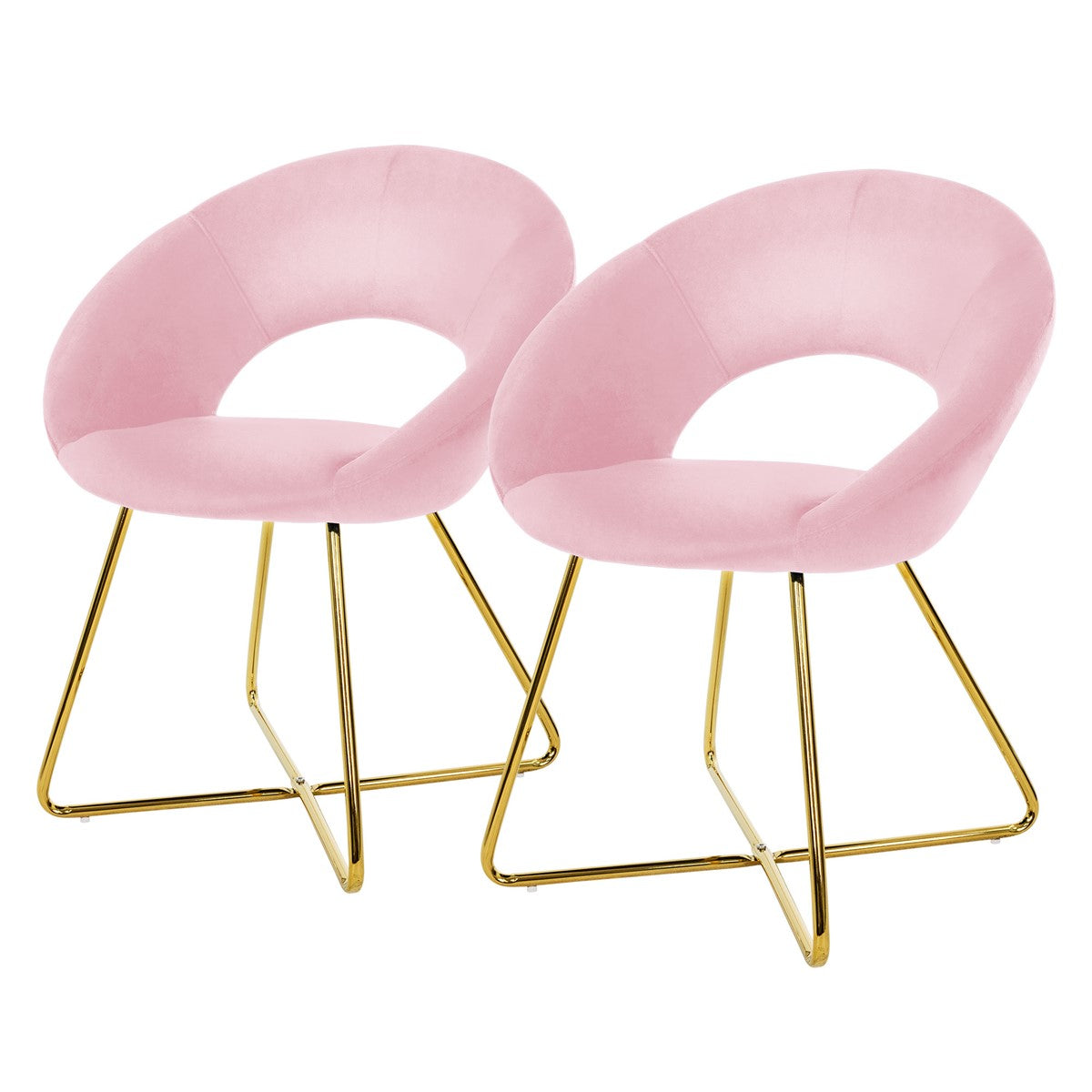 Zwei rosa Stühle mit goldenen Beinen auf weißem Hintergrund.