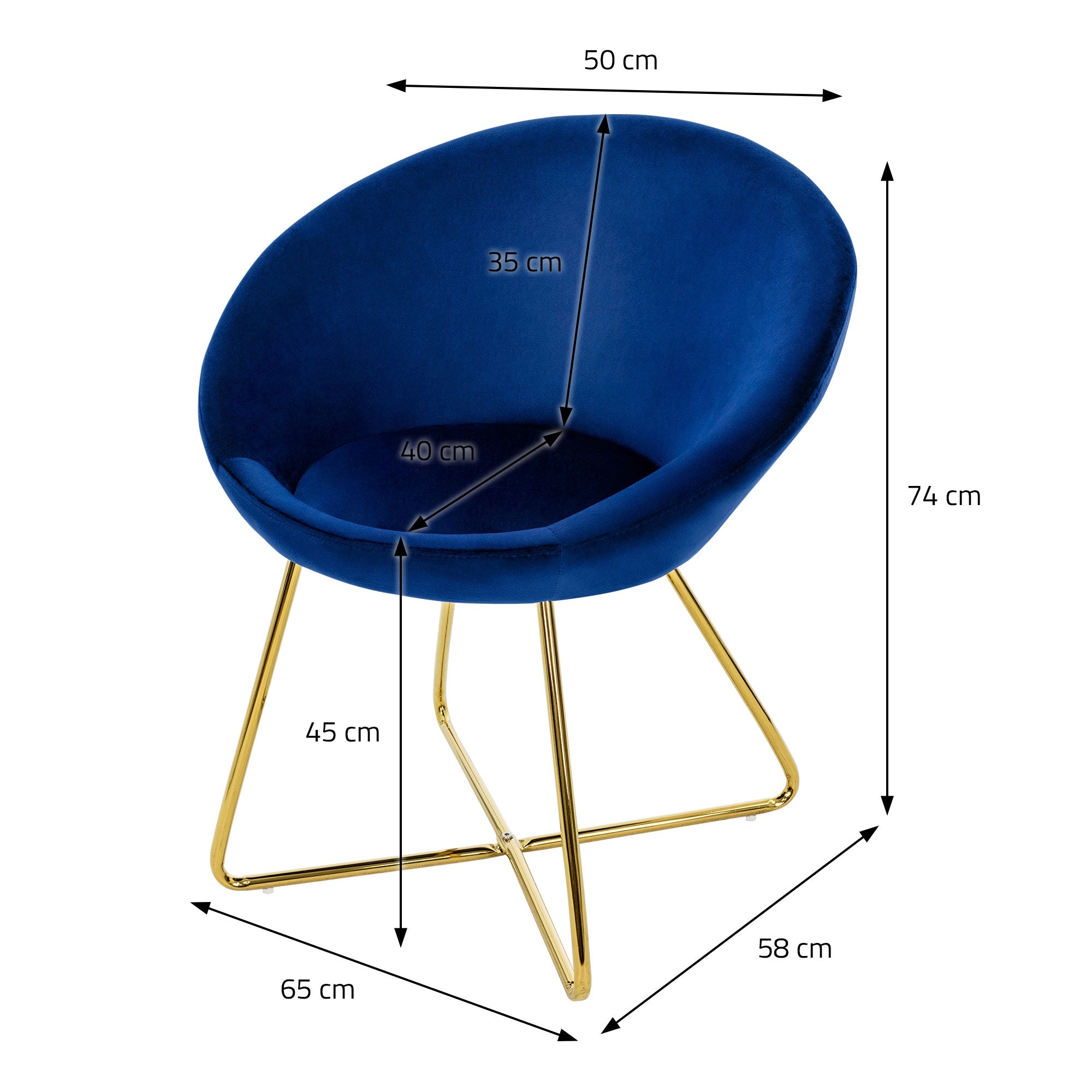 Sedia blu con gambe dorate, misure: 50 cm di larghezza, 74 cm di altezza, 58 cm di profondità.