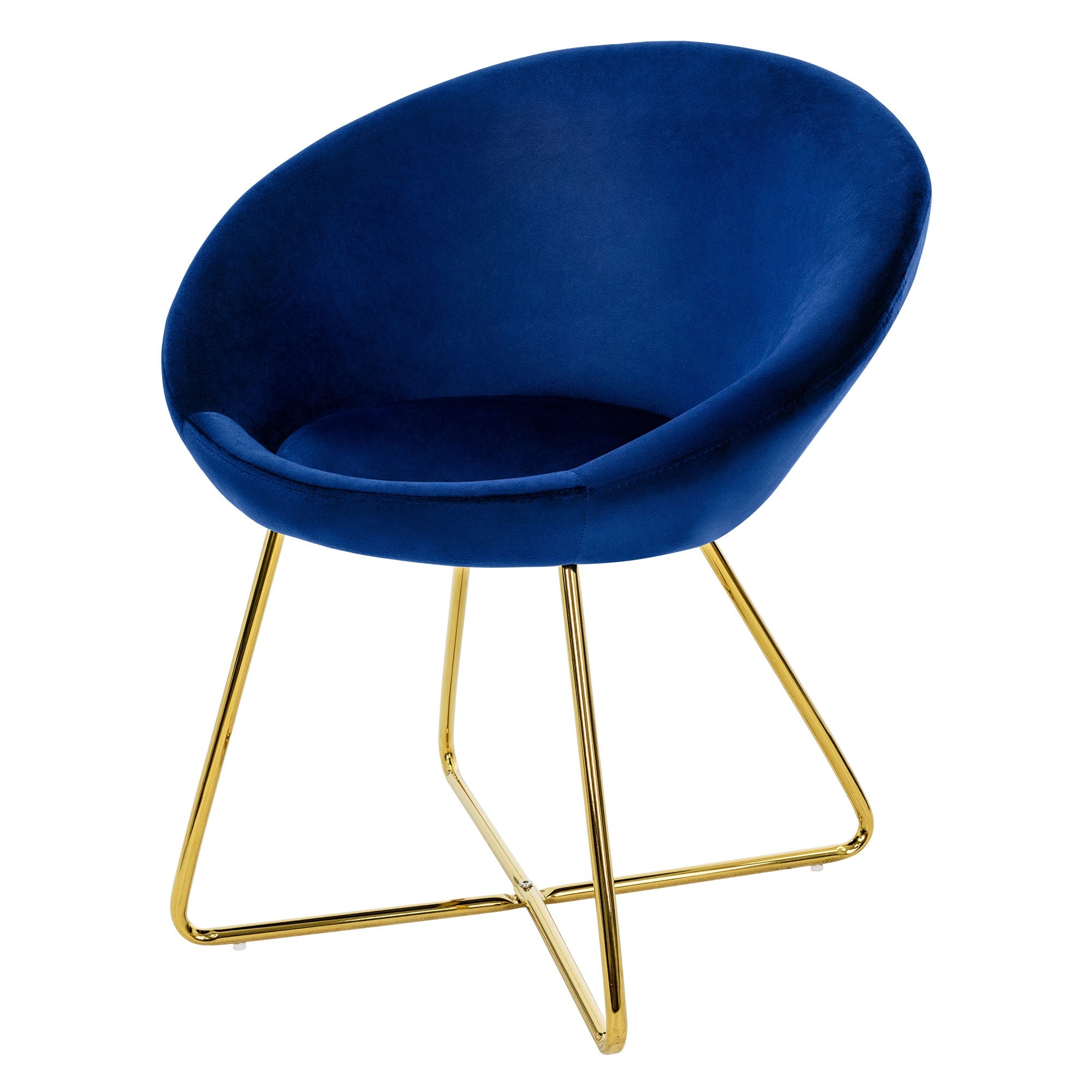 Poltrona blu con gambe dorate su sfondo bianco.