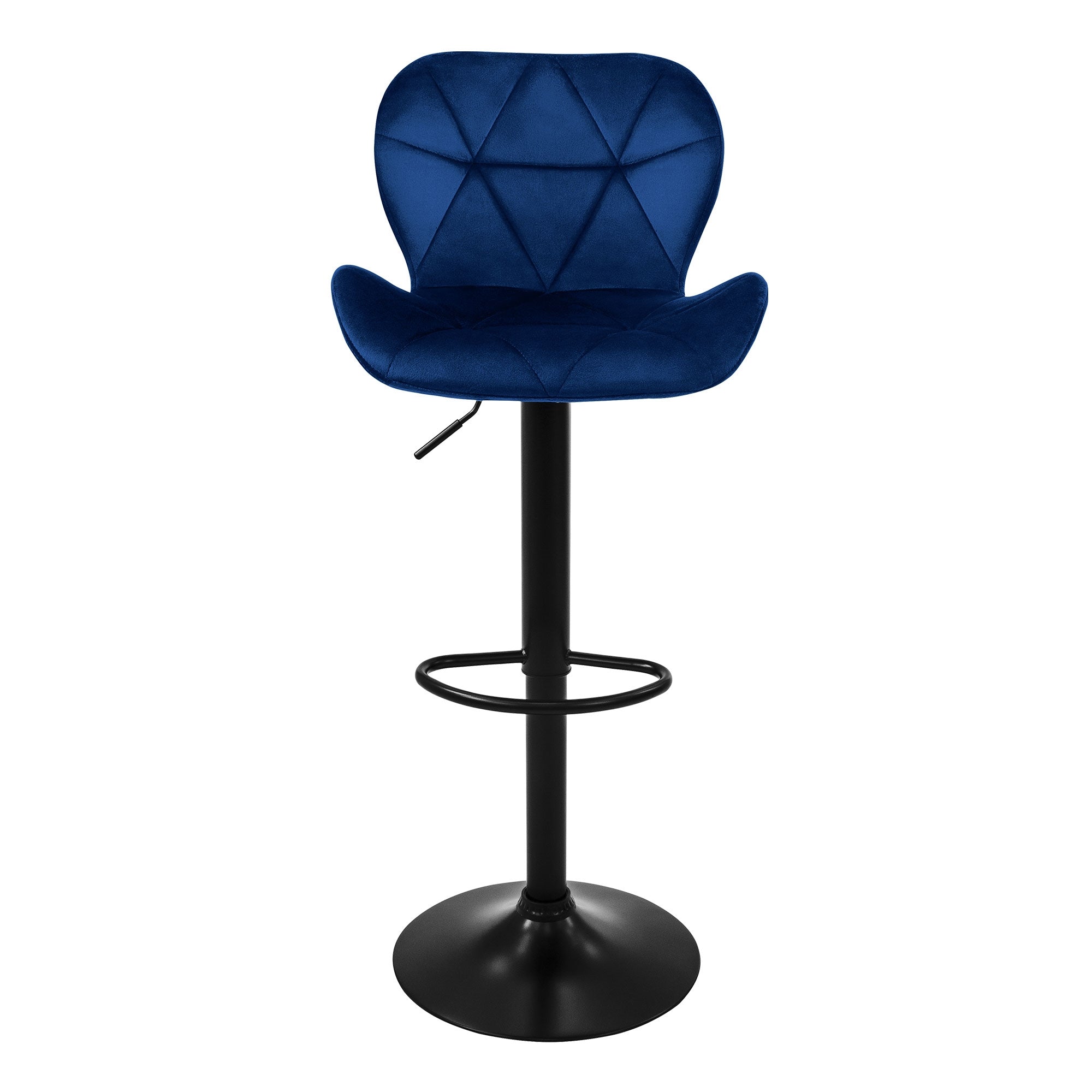 Uno sgabello da bar blu con seduta imbottita e base nera.