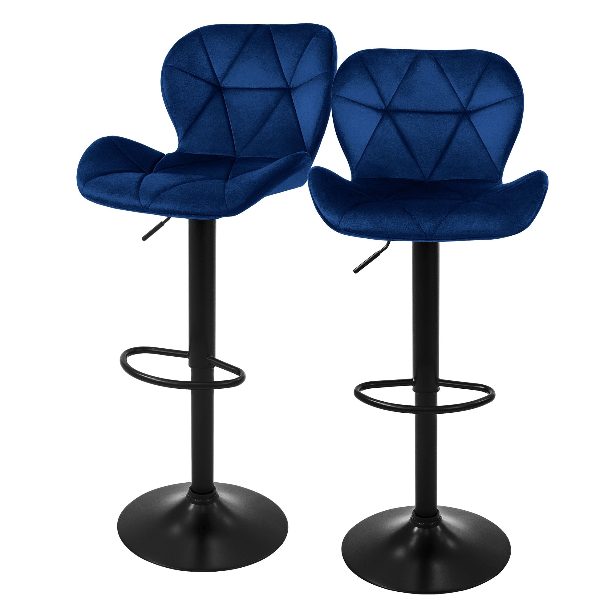 Due sgabelli da bar blu con base nera in uno stile minimalista.