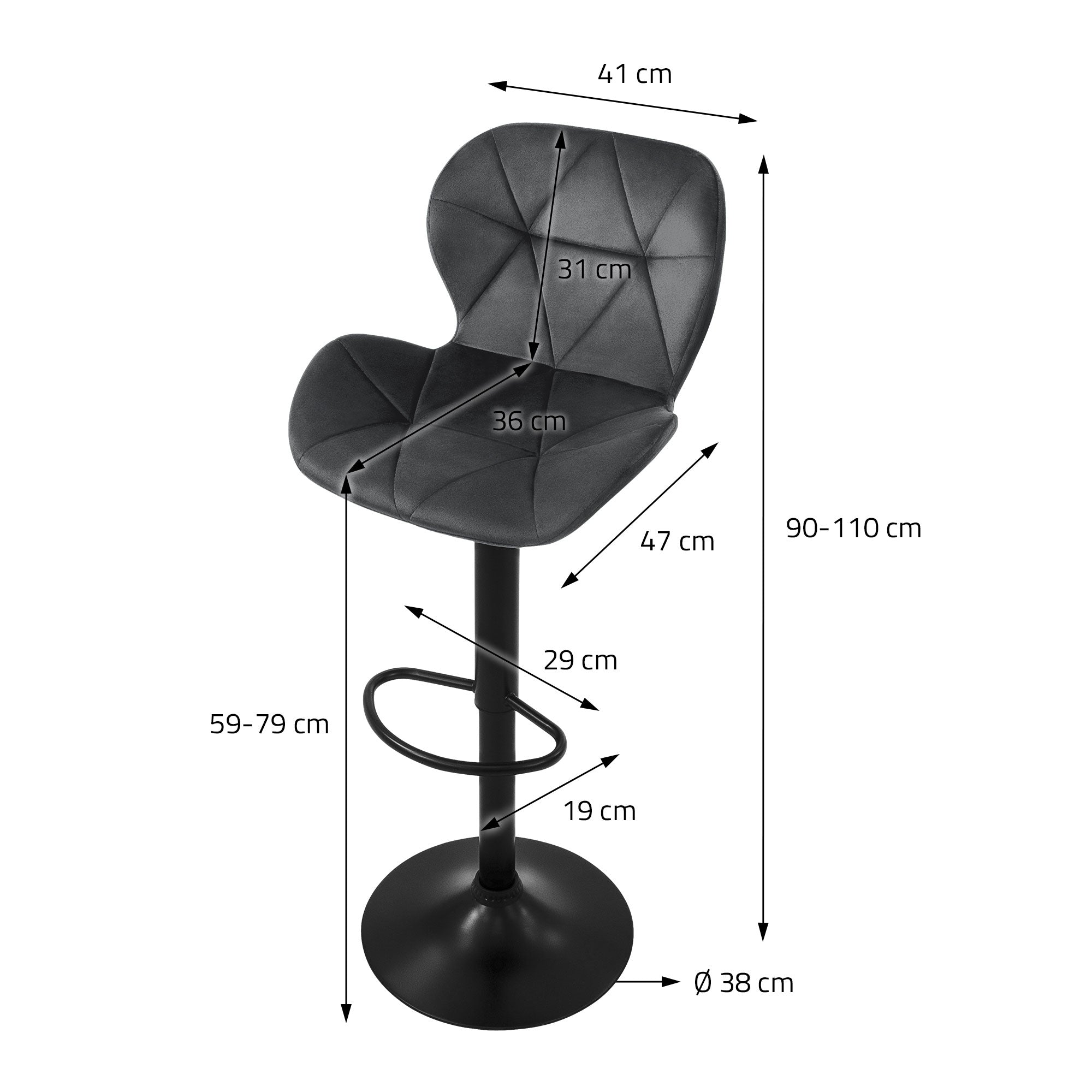 Måltegning af en barstol med dimensioner i cm.