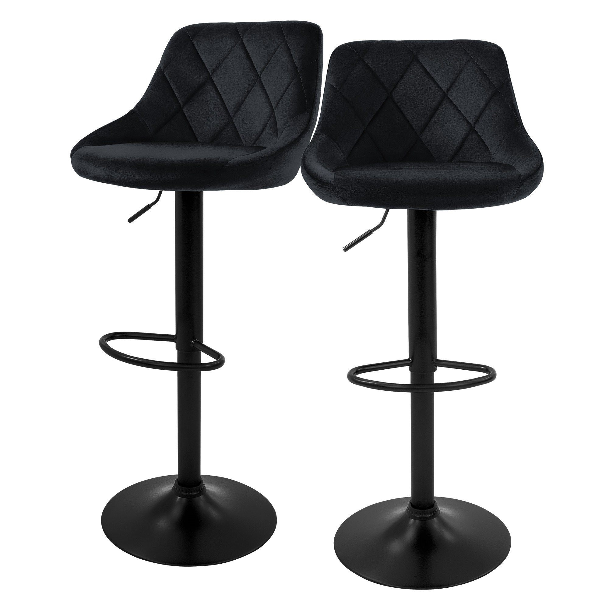 Two black bar stools with padded seats and black frame.