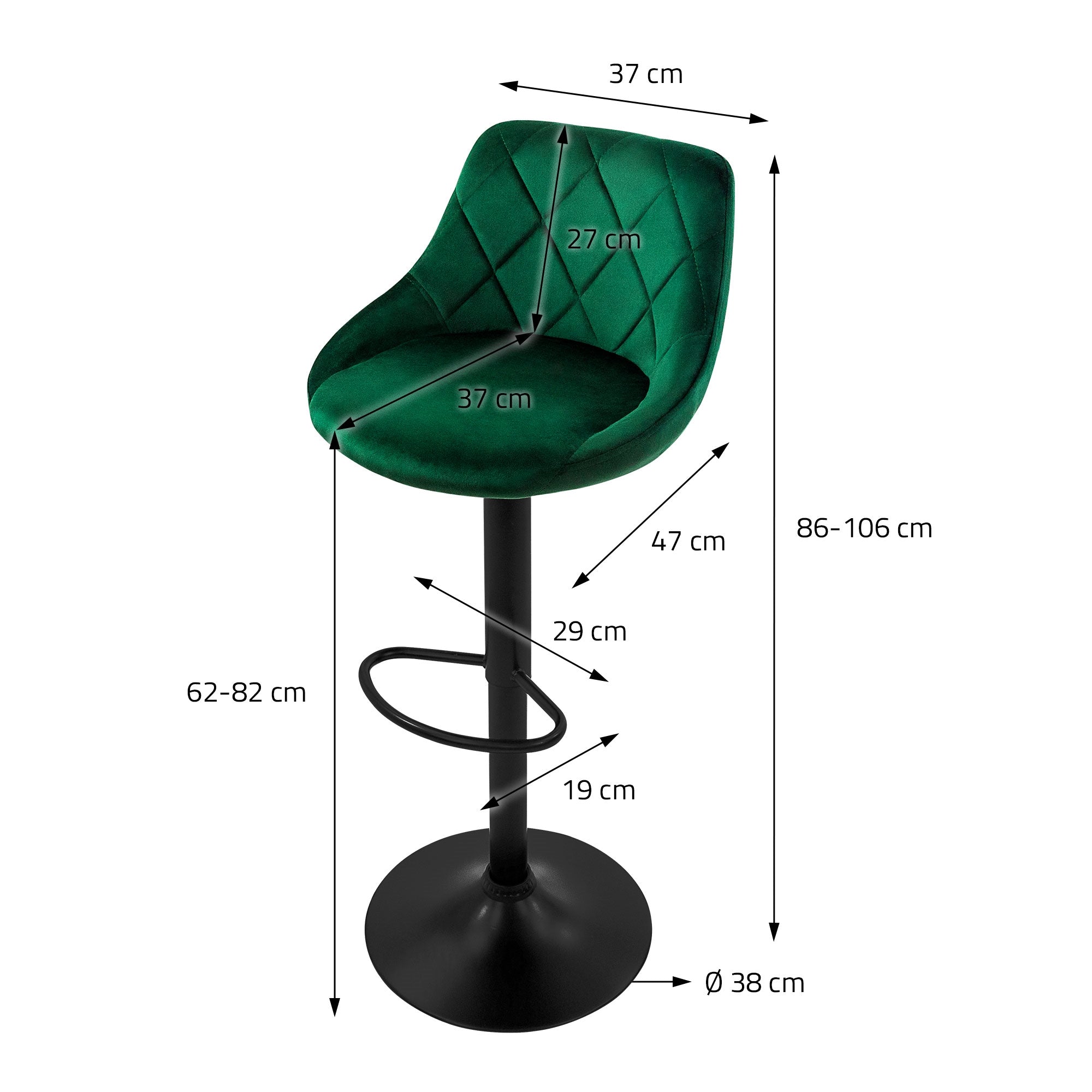 Silla de bar verde con medidas: altura 86-106 cm, altura del asiento 62-82 cm, diámetro 38 cm.
