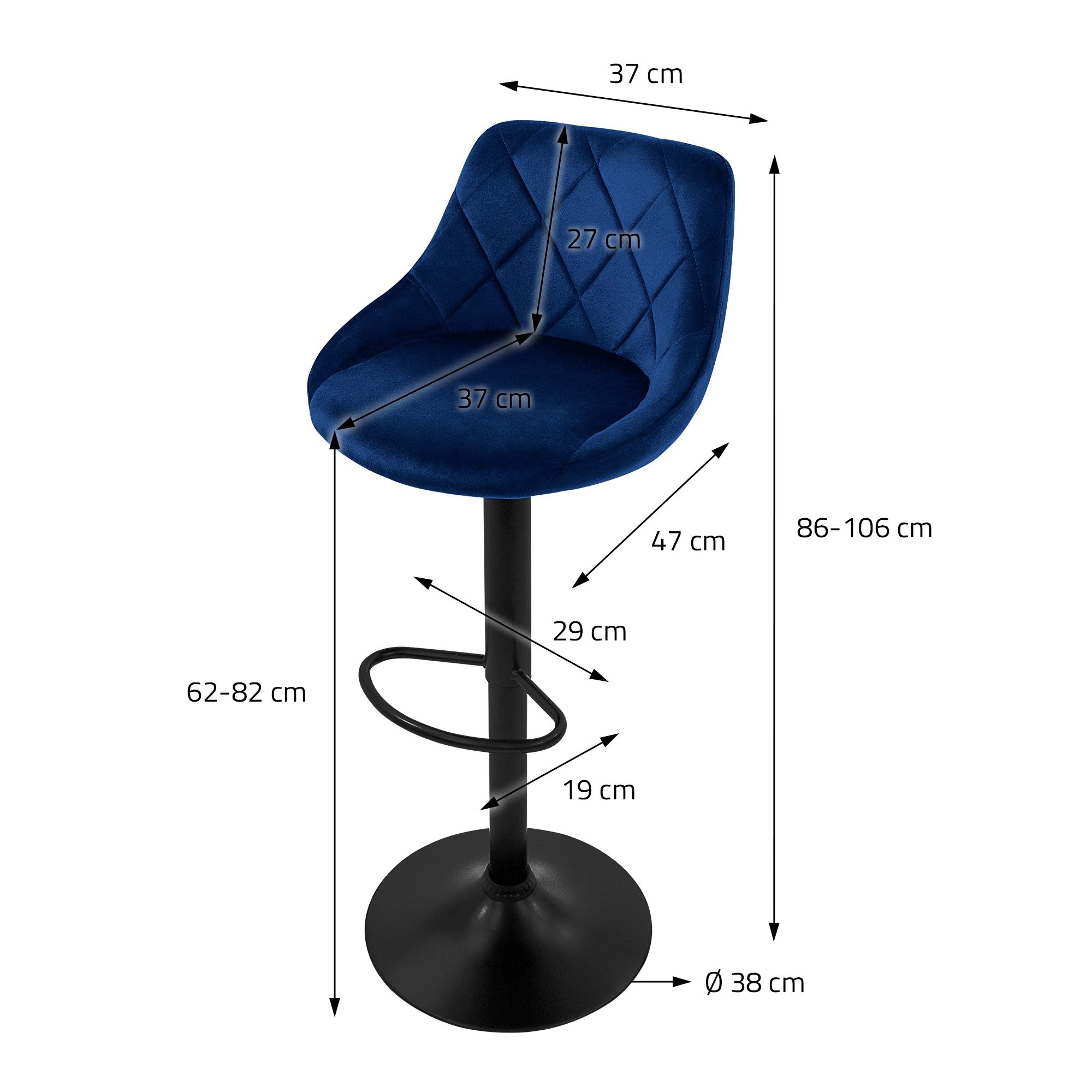 Diagramma di una sedia blu con misure in centimetri.