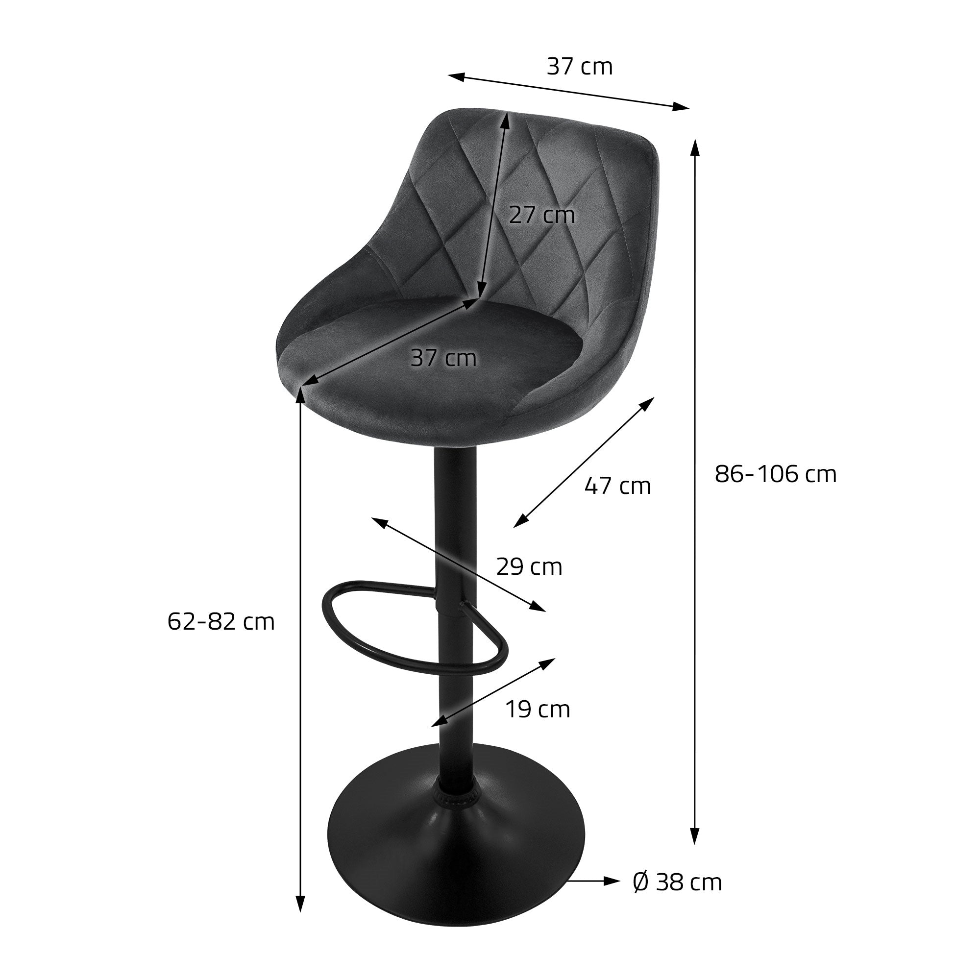 Diagramm eines Stuhls mit Maßen in Zentimetern.