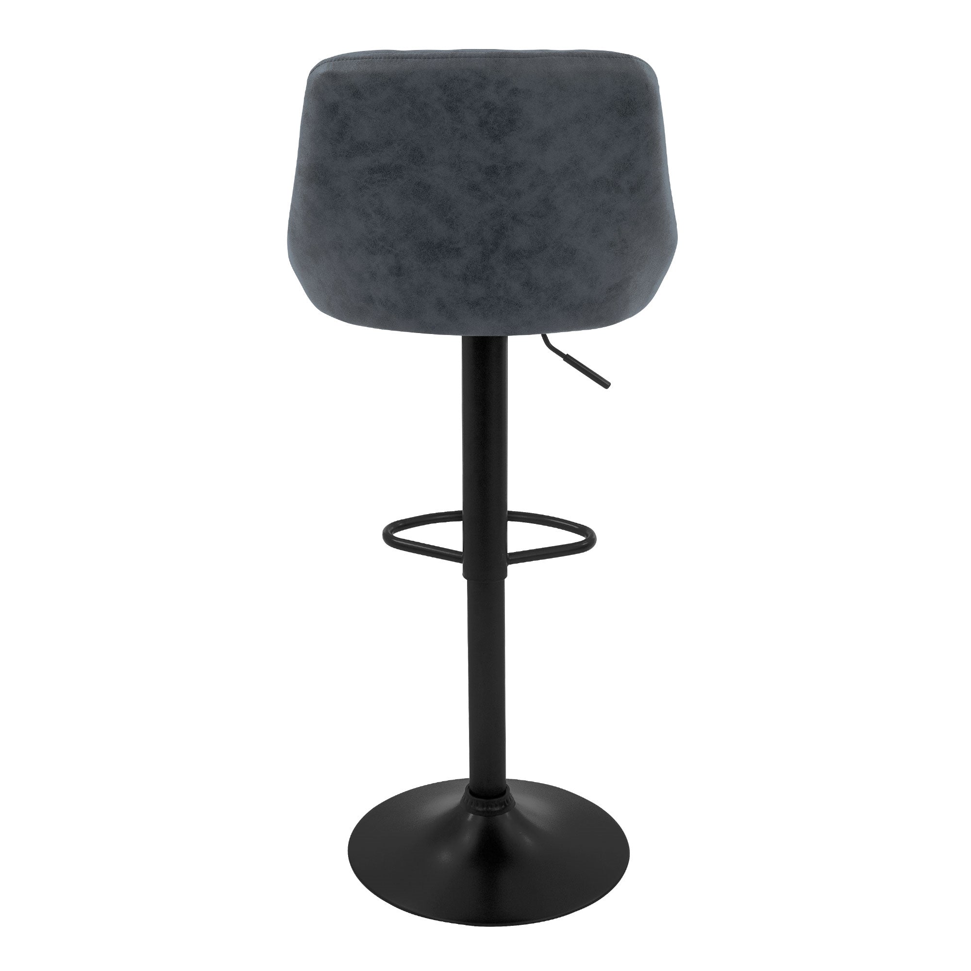 Ein grauer Barhocker mit schwarzem Fußgestell von hinten.