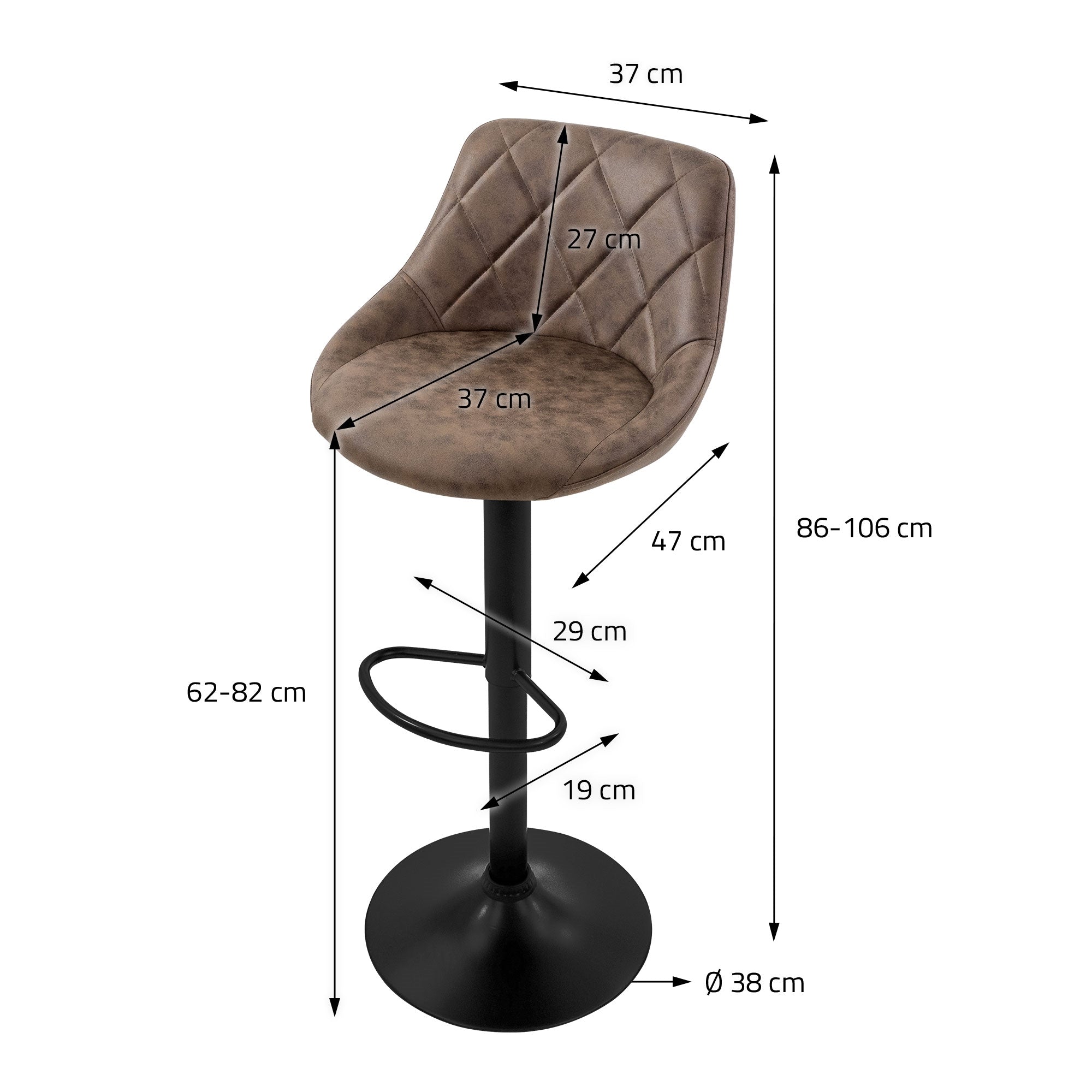 Sgabello con misure: altezza 86-106 cm, larghezza seduta 37 cm, poggiapiedi 29 cm.