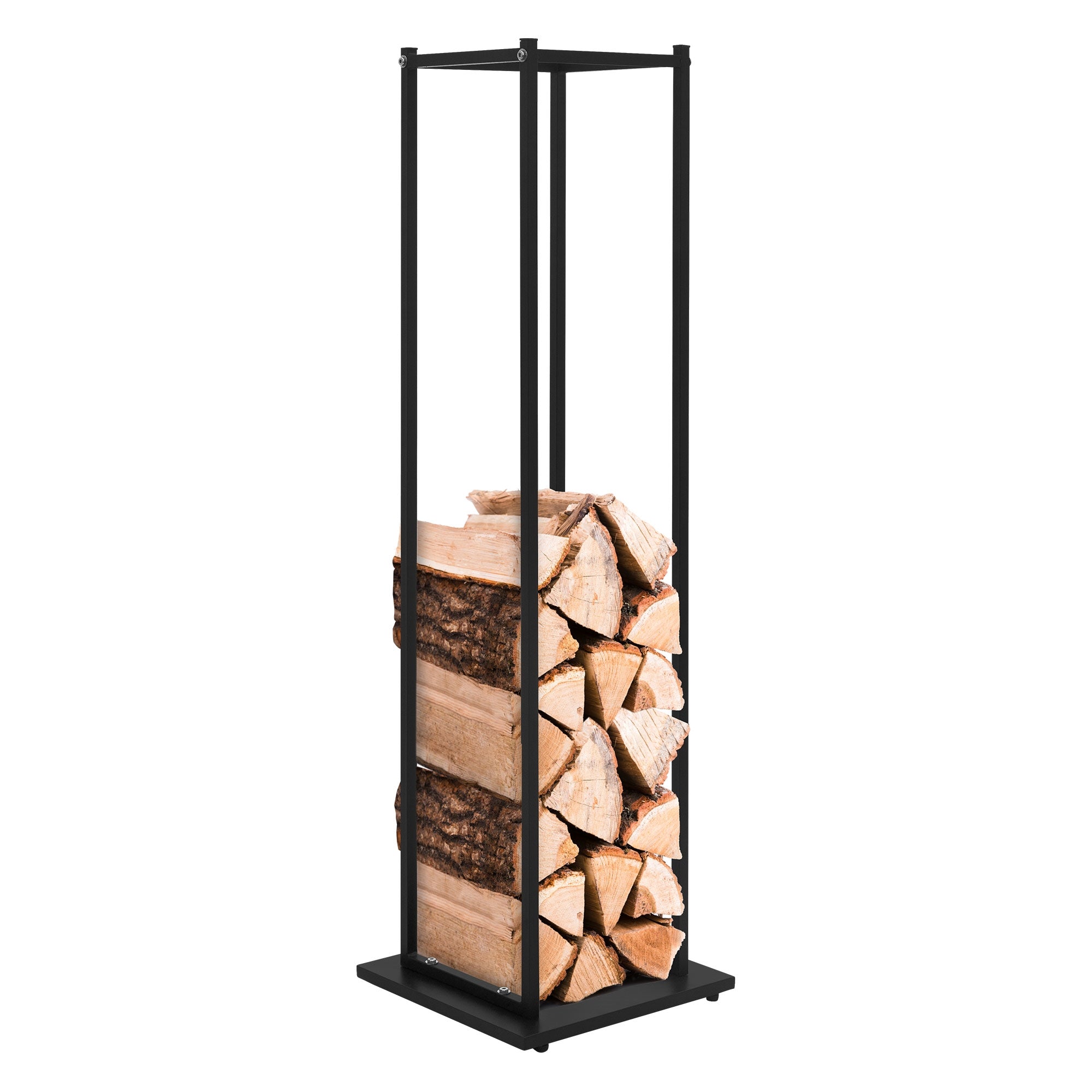 Soporte de madera negro con madera apilada en su interior.