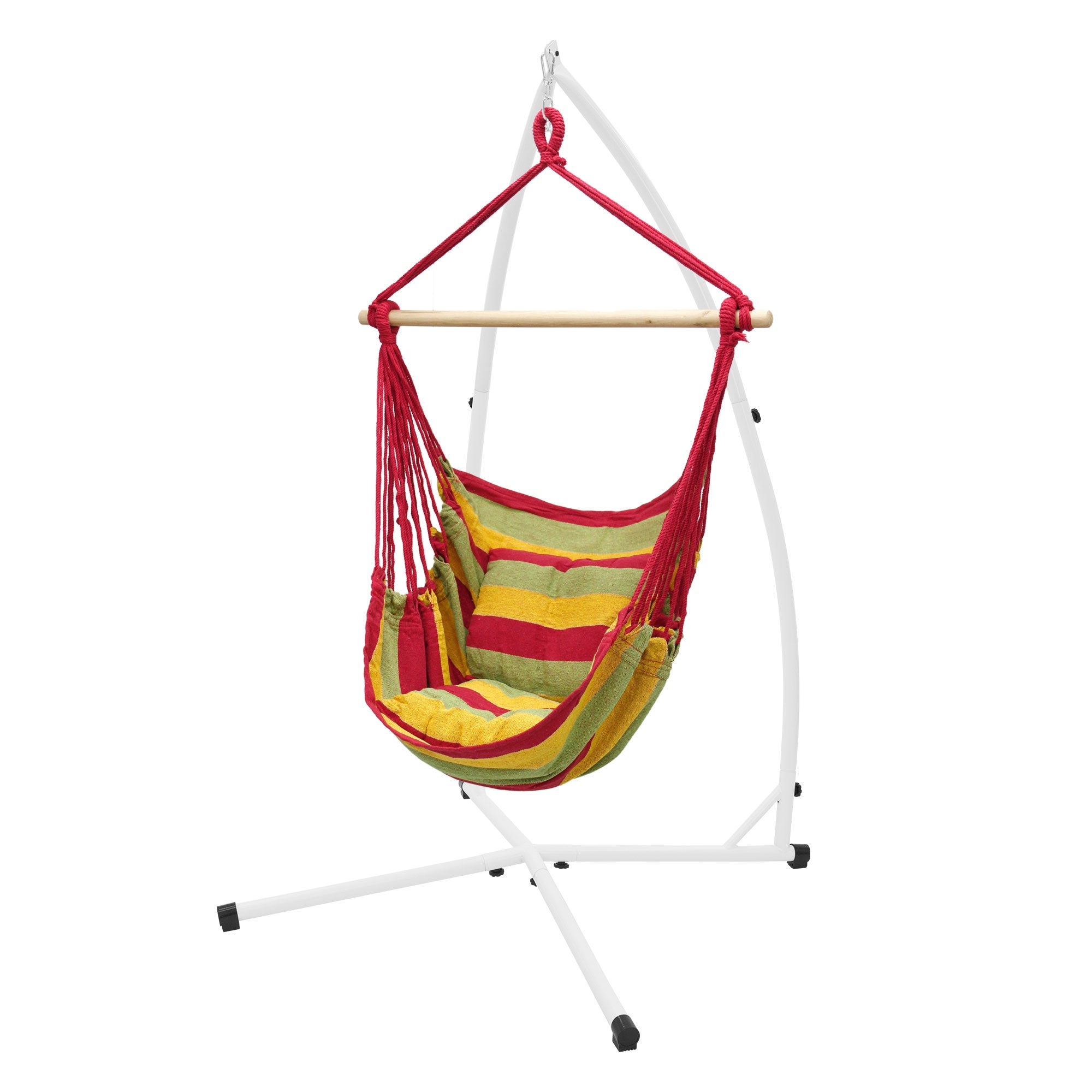 Kleurige hangmat in rood, geel en groen, opgehangen aan een frame.
