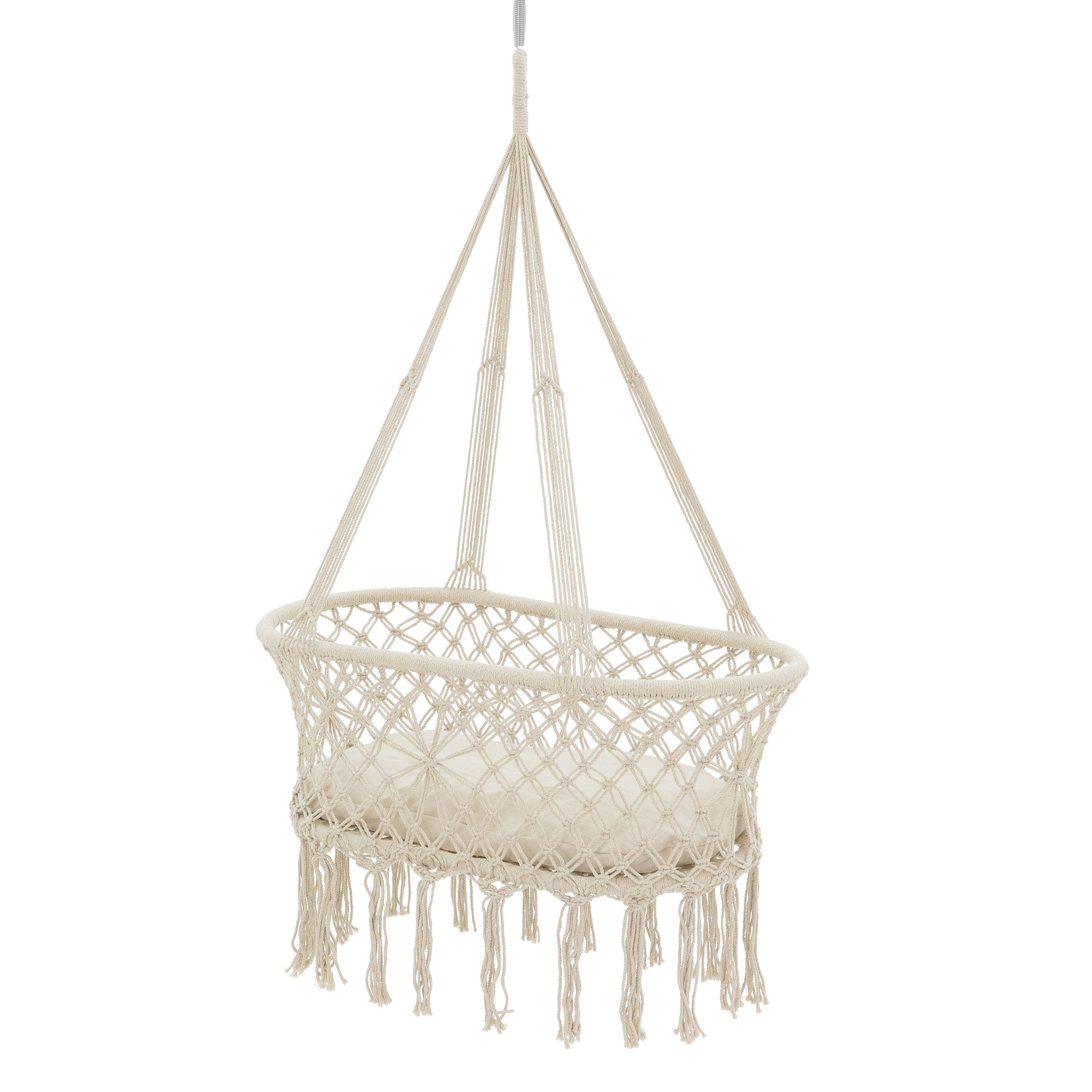 Amaca in materiale intrecciato, con frange, fissata al soffitto.