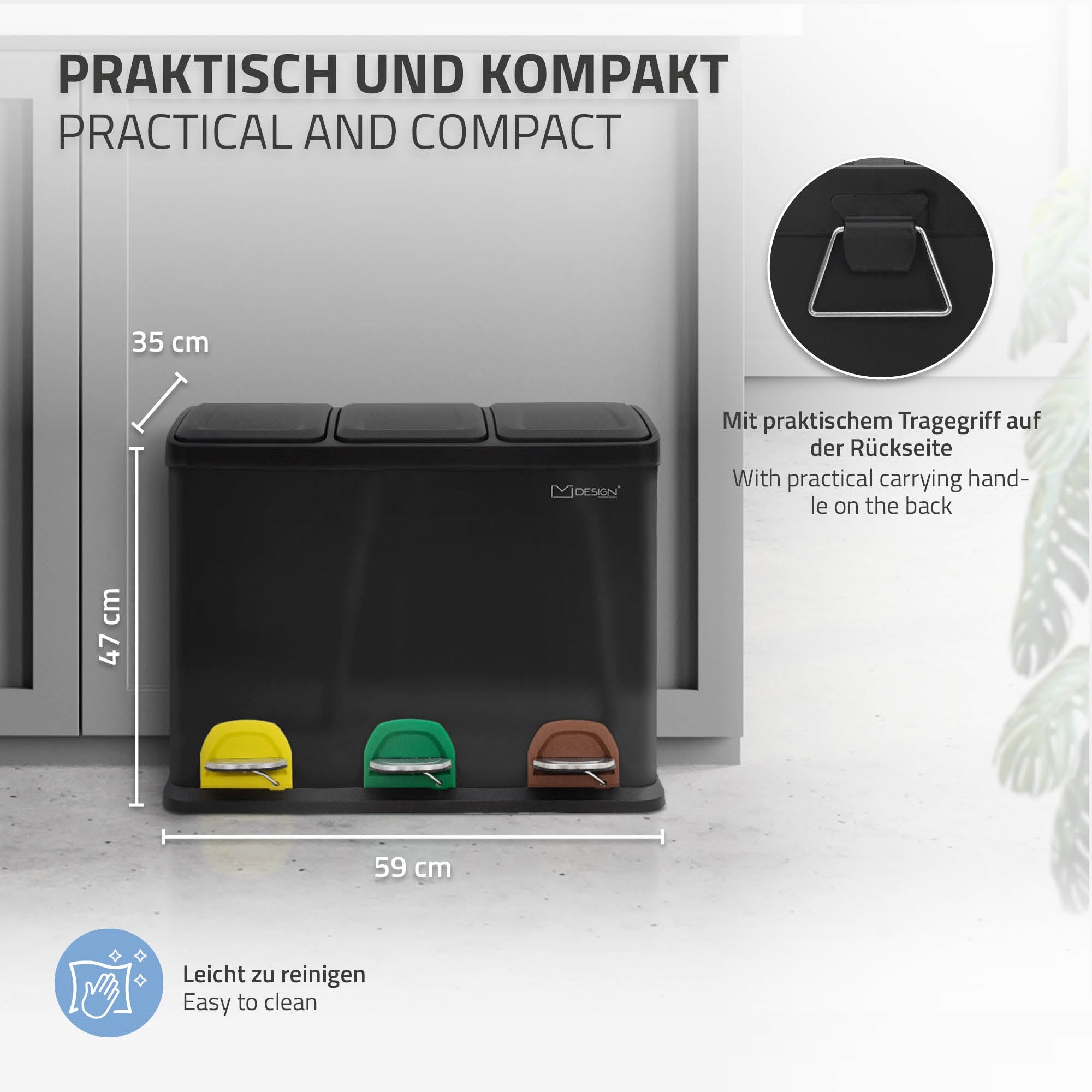 Mülltrennungssystem mit praktischen Maßen und Tragegriff auf der Rückseite.