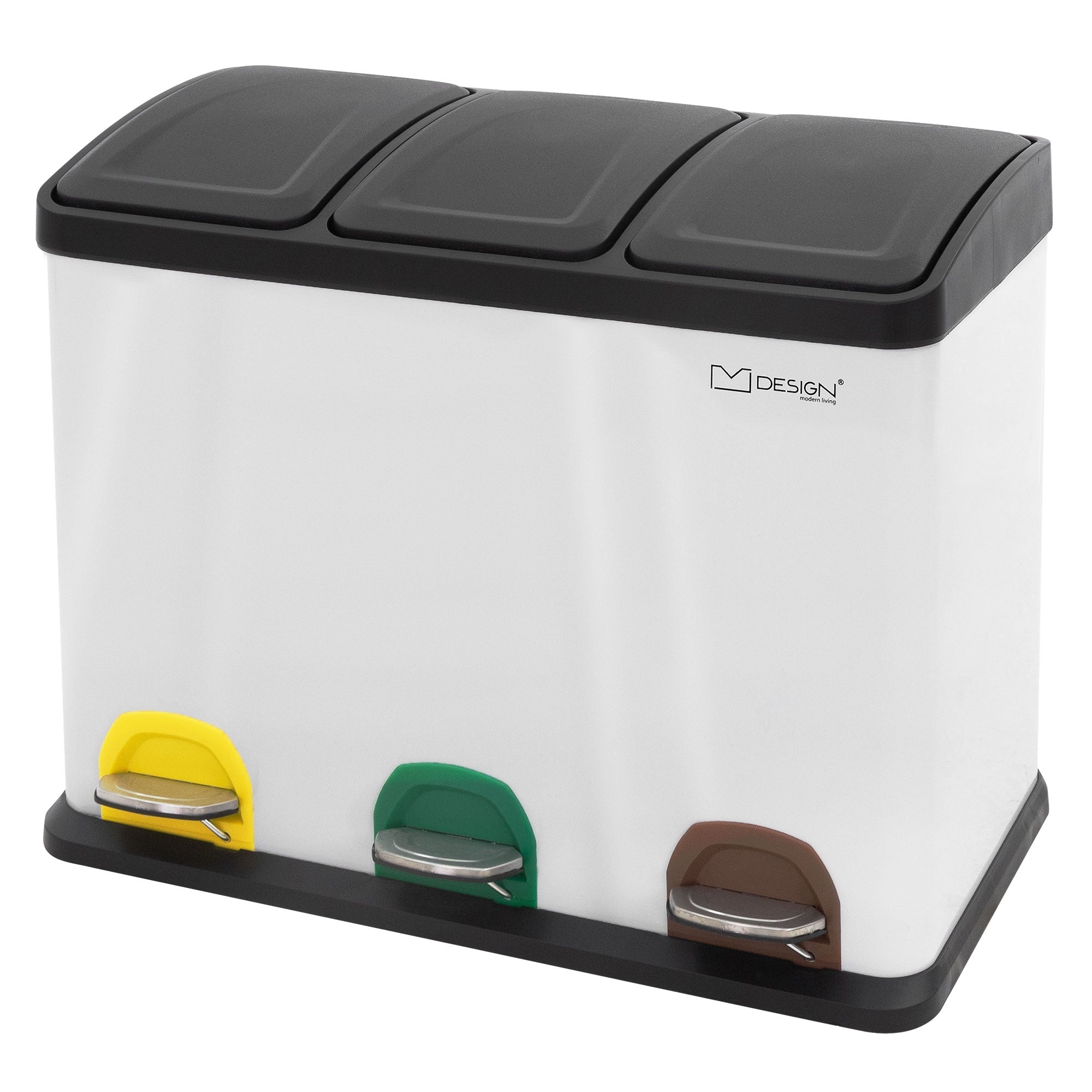 Waste separation system with three compartments, in white with colored pedals.