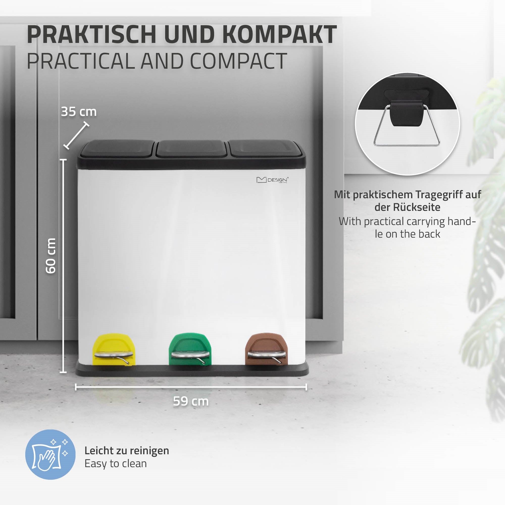 Mülltrennungssystem mit drei Fächern und Fußpedalen in weißem Design.