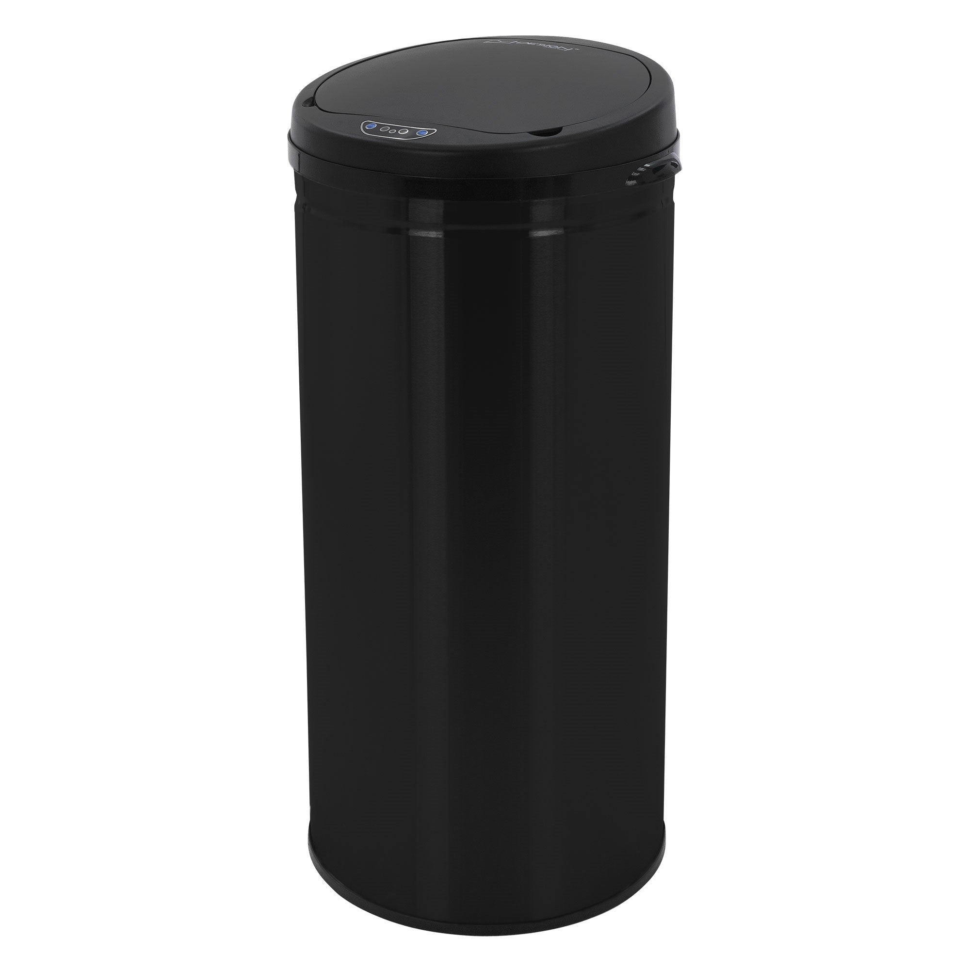 Cubos de basura redondo negro con tapa, sobre fondo blanco.