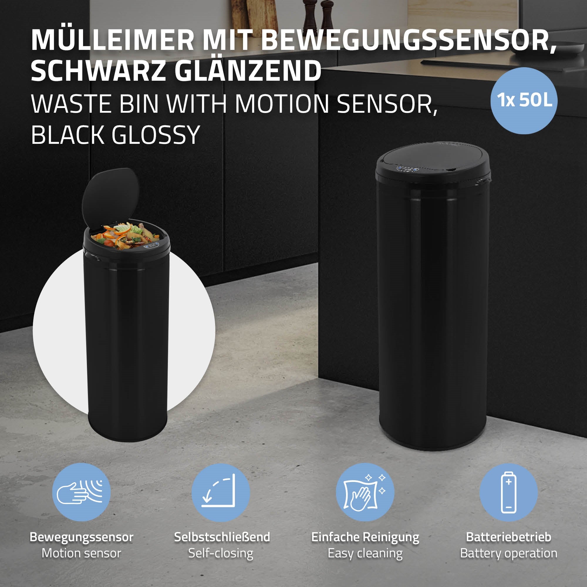 Une poubelle noire avec capteur de mouvement dans une cuisine moderne.