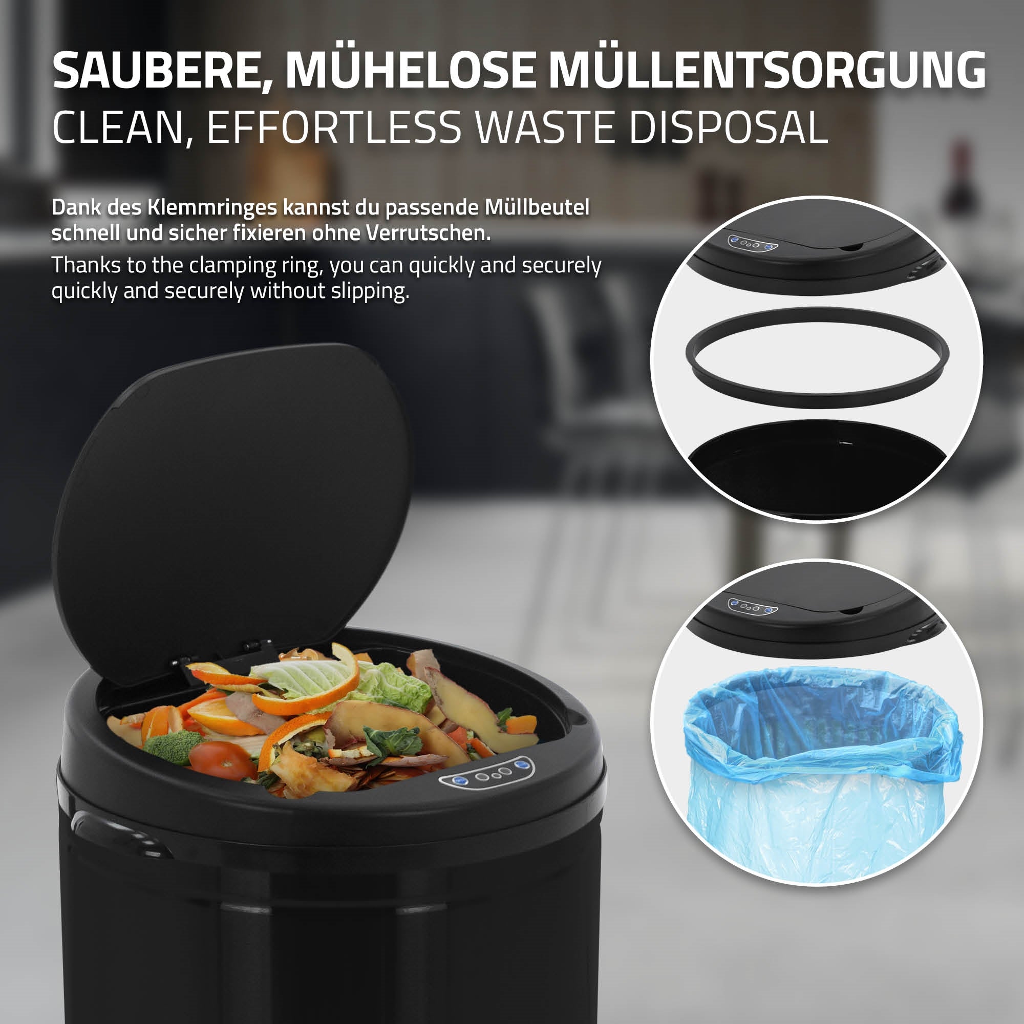 Conteneur à déchets avec couvercle et zone de maintien pour sacs poubelles.