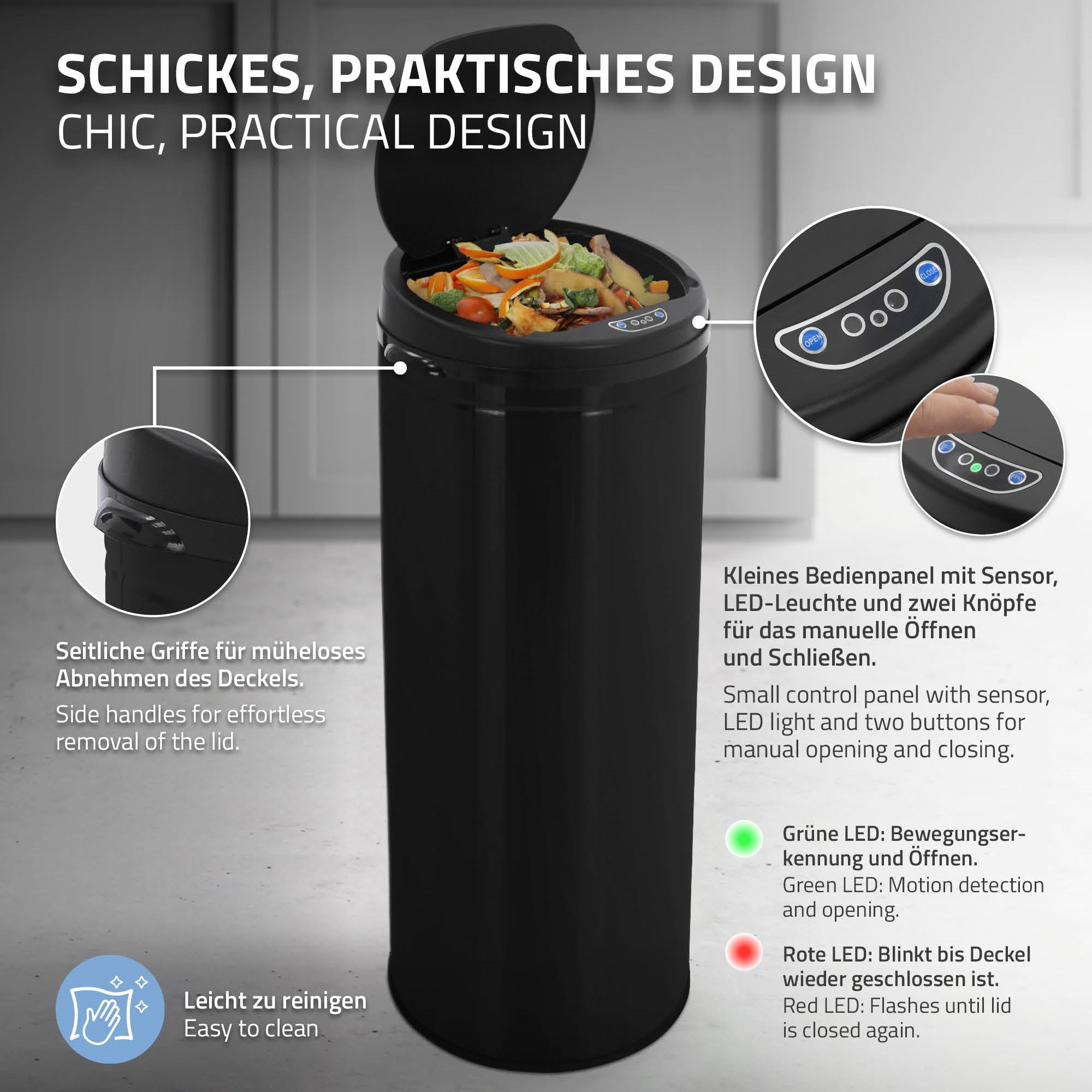 Poubelle noire avec capteur et affichage LED, ouverte avec des déchets.