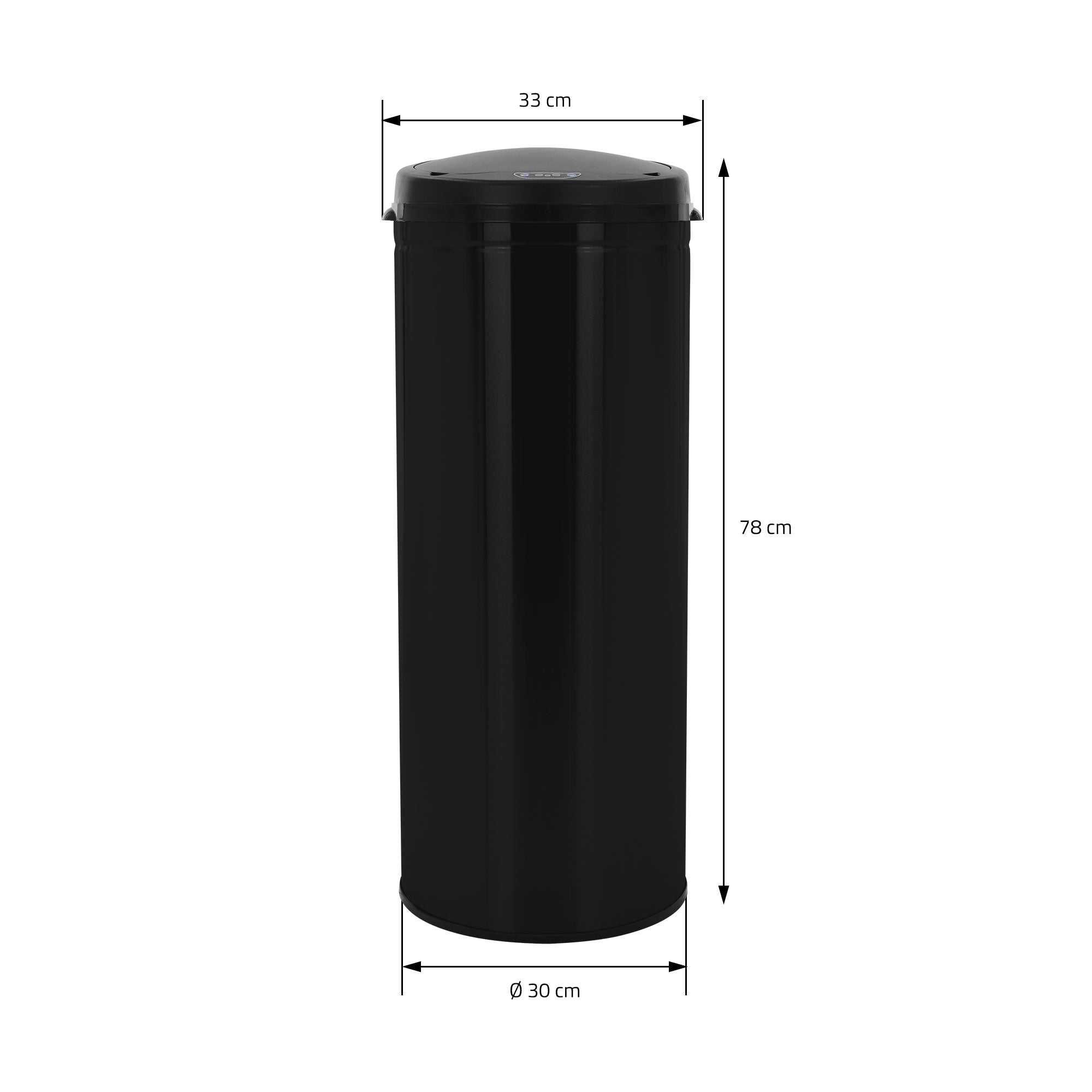 Poubelle noire avec dimensions, hauteur 78 cm, diamètre 30 cm.