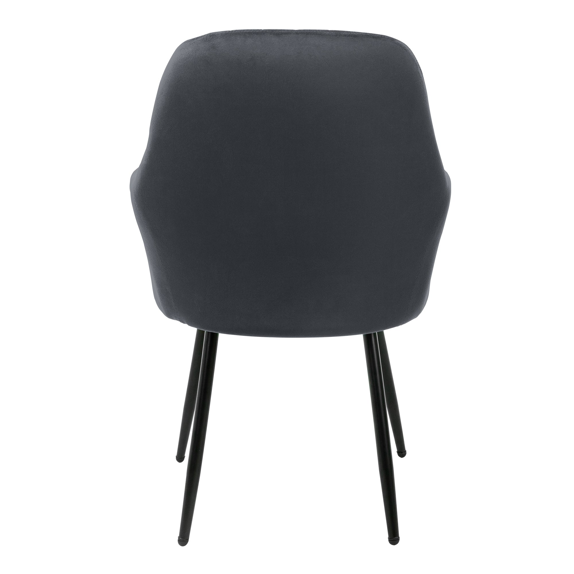Rear view of a gray chair with armrests and black legs.
