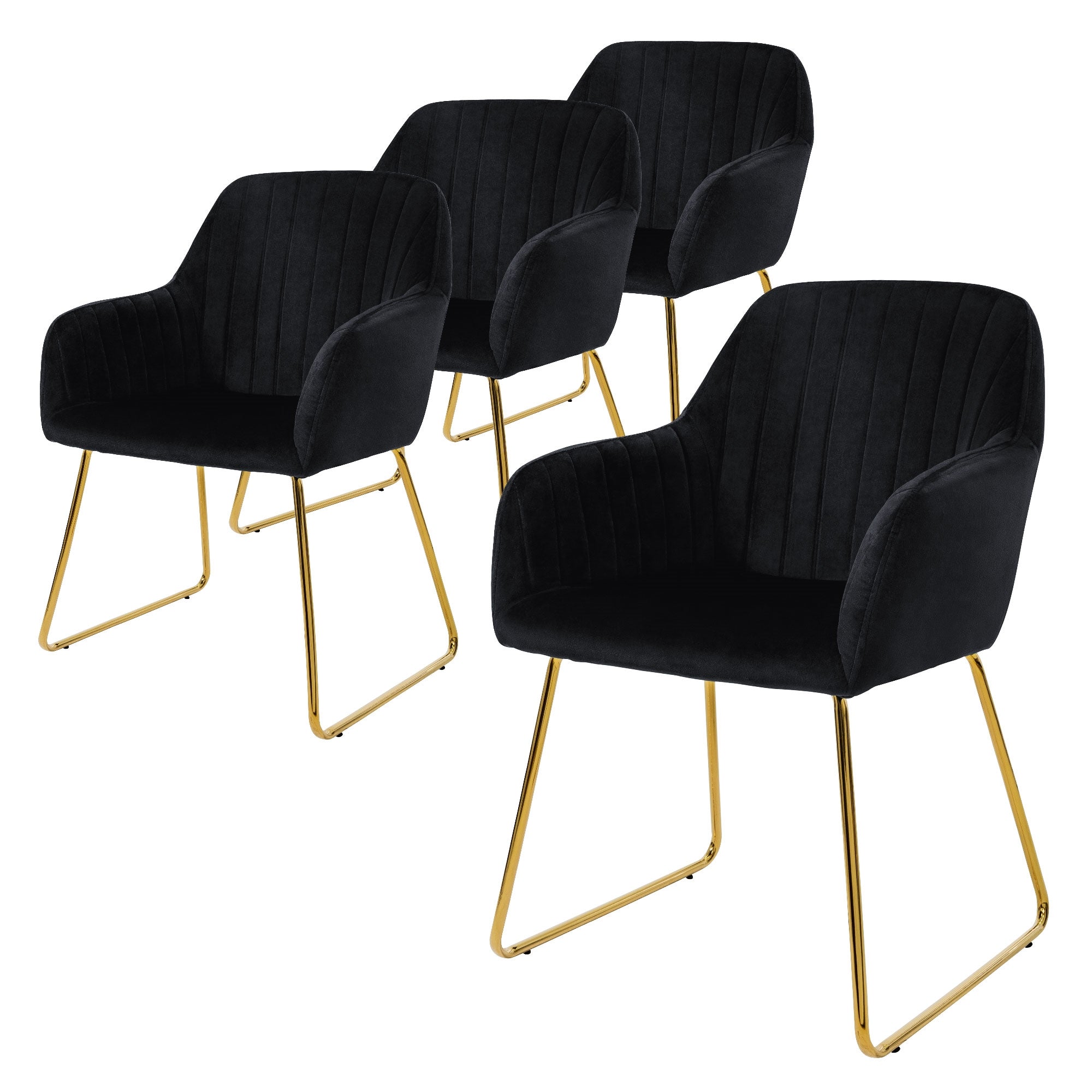 Vier zwarte stoelen met gouden poten, naast elkaar geplaatst.