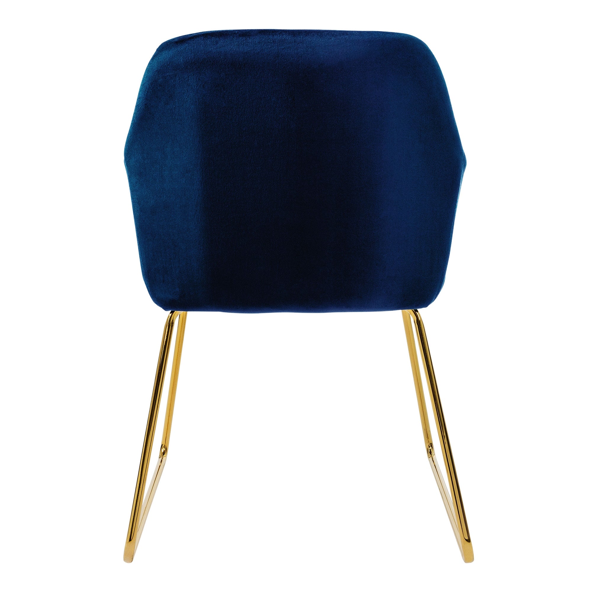 Vue arrière d'une chaise bleue avec des pieds dorés et un dossier rembourré.