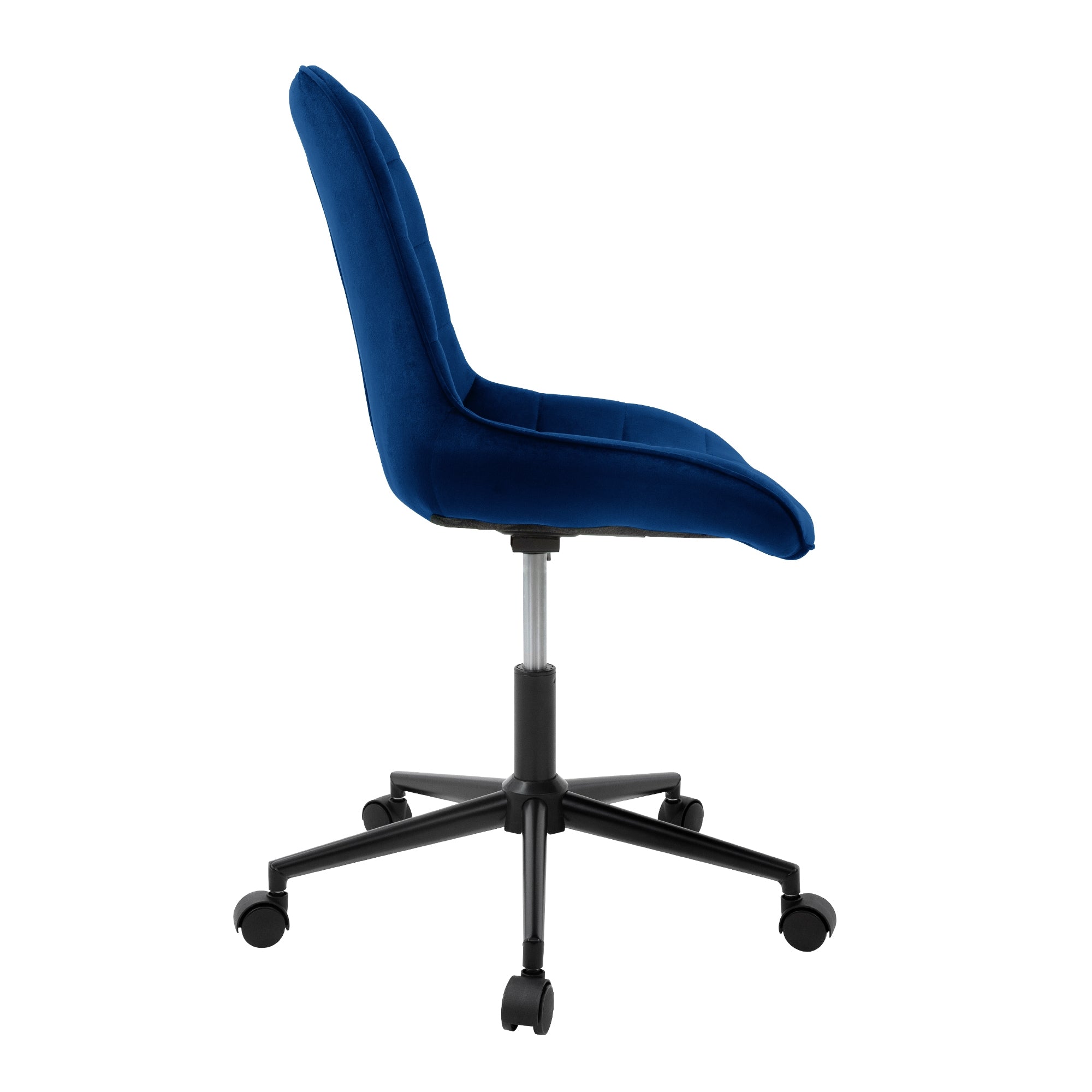 Silla de oficina azul de lado con estructura ajustable.