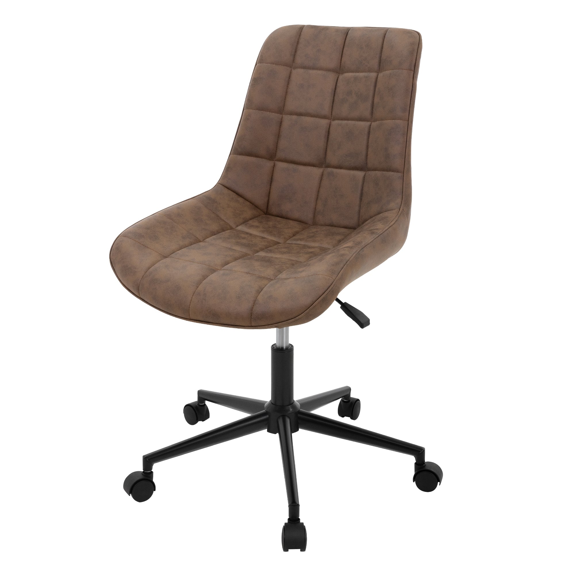 Ein brauner Bürostuhl mit Rollen und verstellbarem Sitz.
