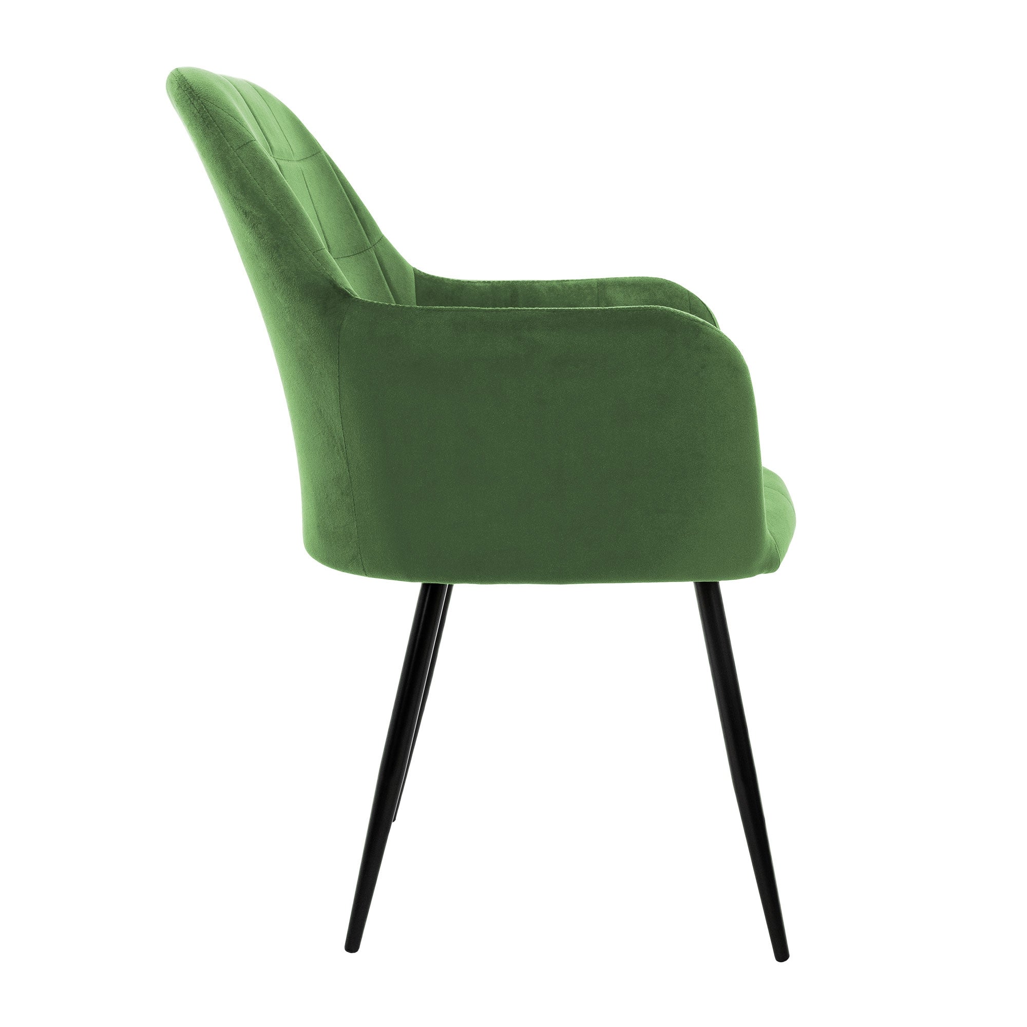 Green chair from the side, with black legs.