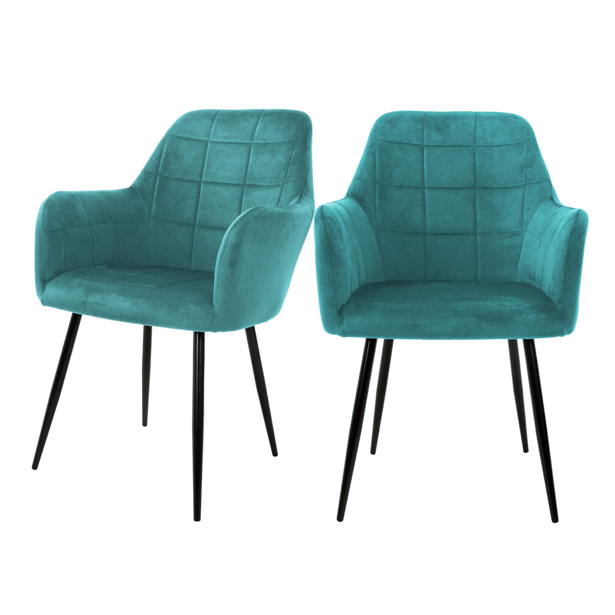 Two turquoise chairs with square upholstery and black legs.
