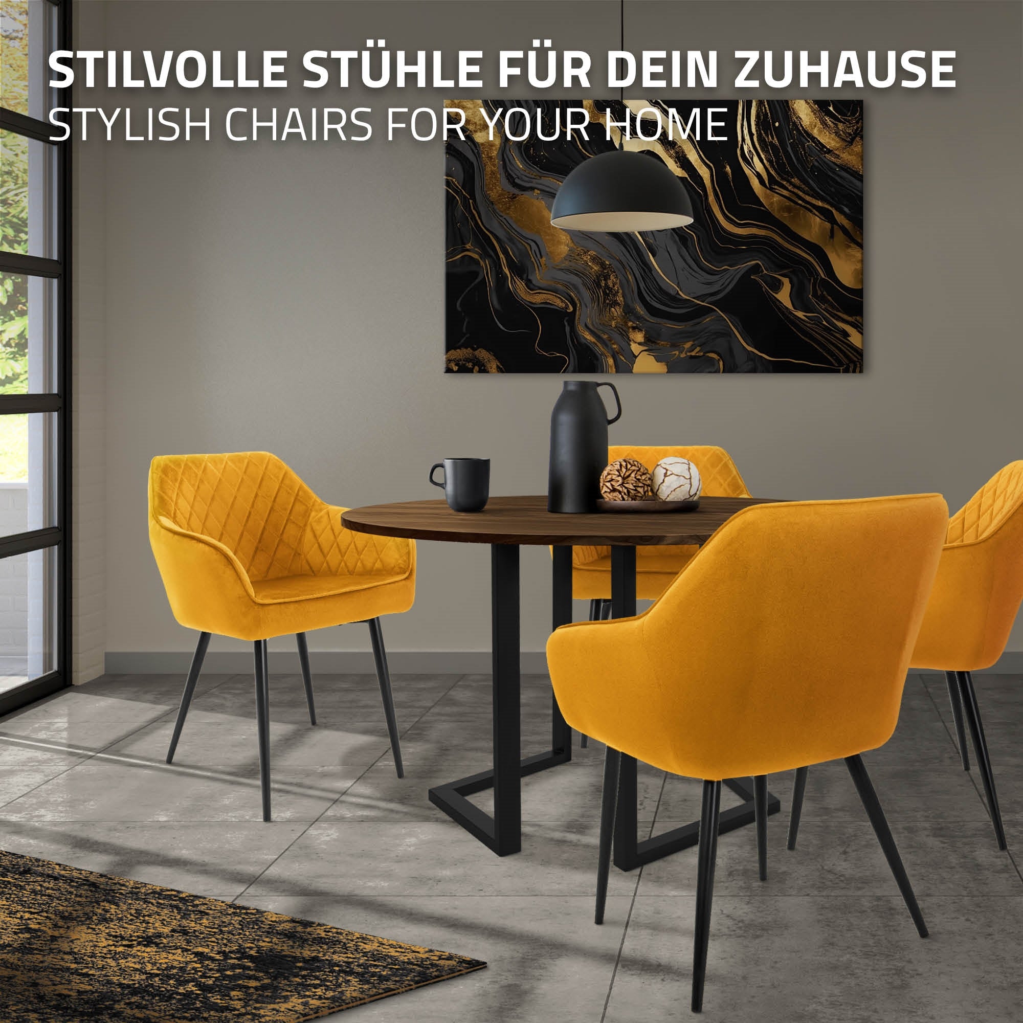 Stilfulde gule stole omkring et bord i et moderne opholdsrum.